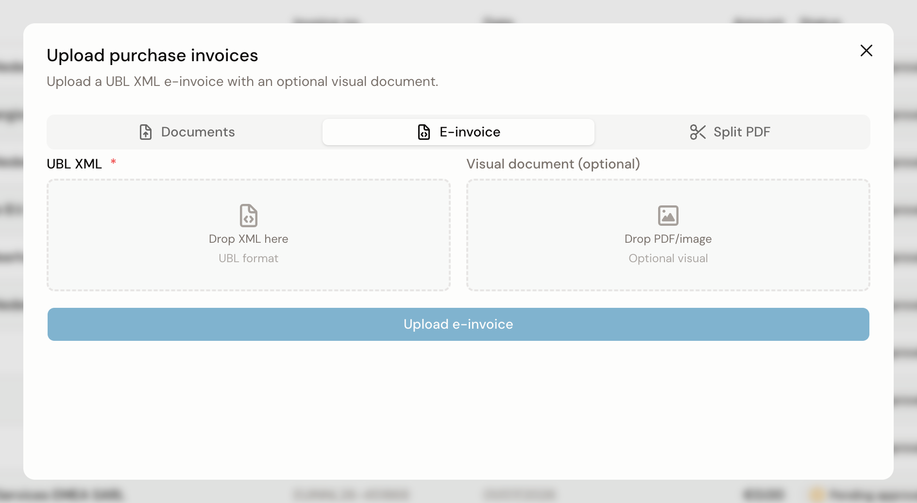 The E-invoice tab in the upload dialog, with the required UBL XML field on the left and the optional Visual document field on the right