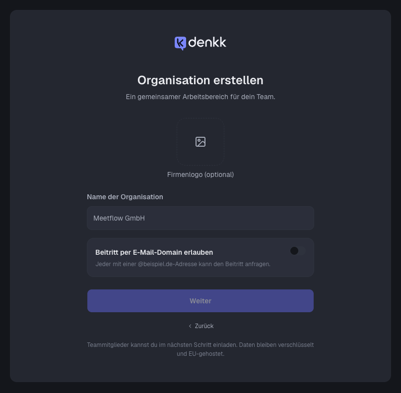 Formular „Organisation erstellen“ mit Firmenlogo, Name der Organisation und Beitritt per E-Mail-Domain
