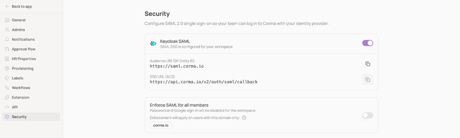 Security settings page showing Keycloak SAML SSO configuration
