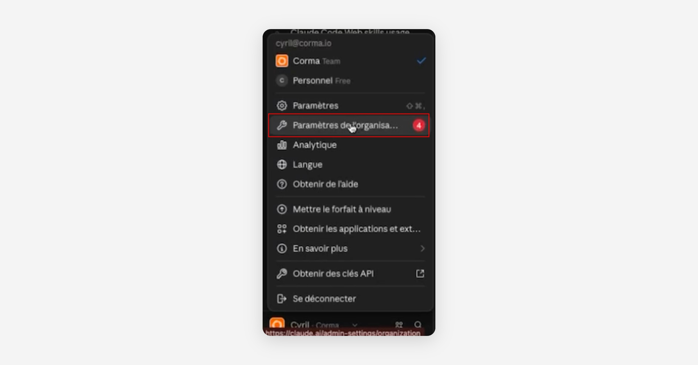 Account menu in Claude with "Paramètres de l'organisa..." highlighted by a red box