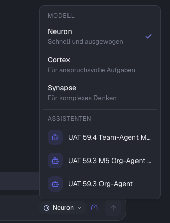 Geöffnete Modellauswahl mit Neuron, Cortex, Synapse und dem Bereich Assistenten