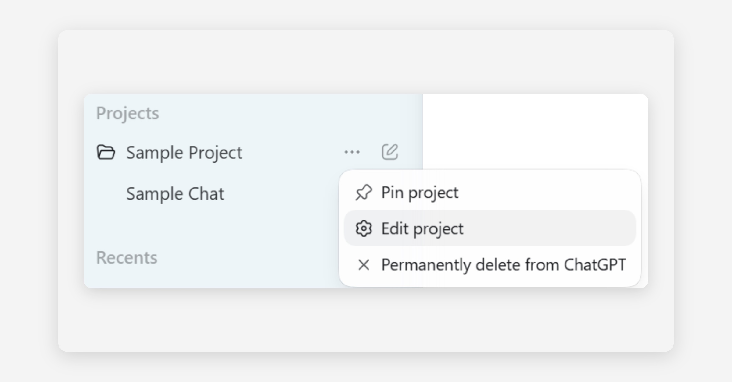 Projects sidebar with the Sample Project menu open