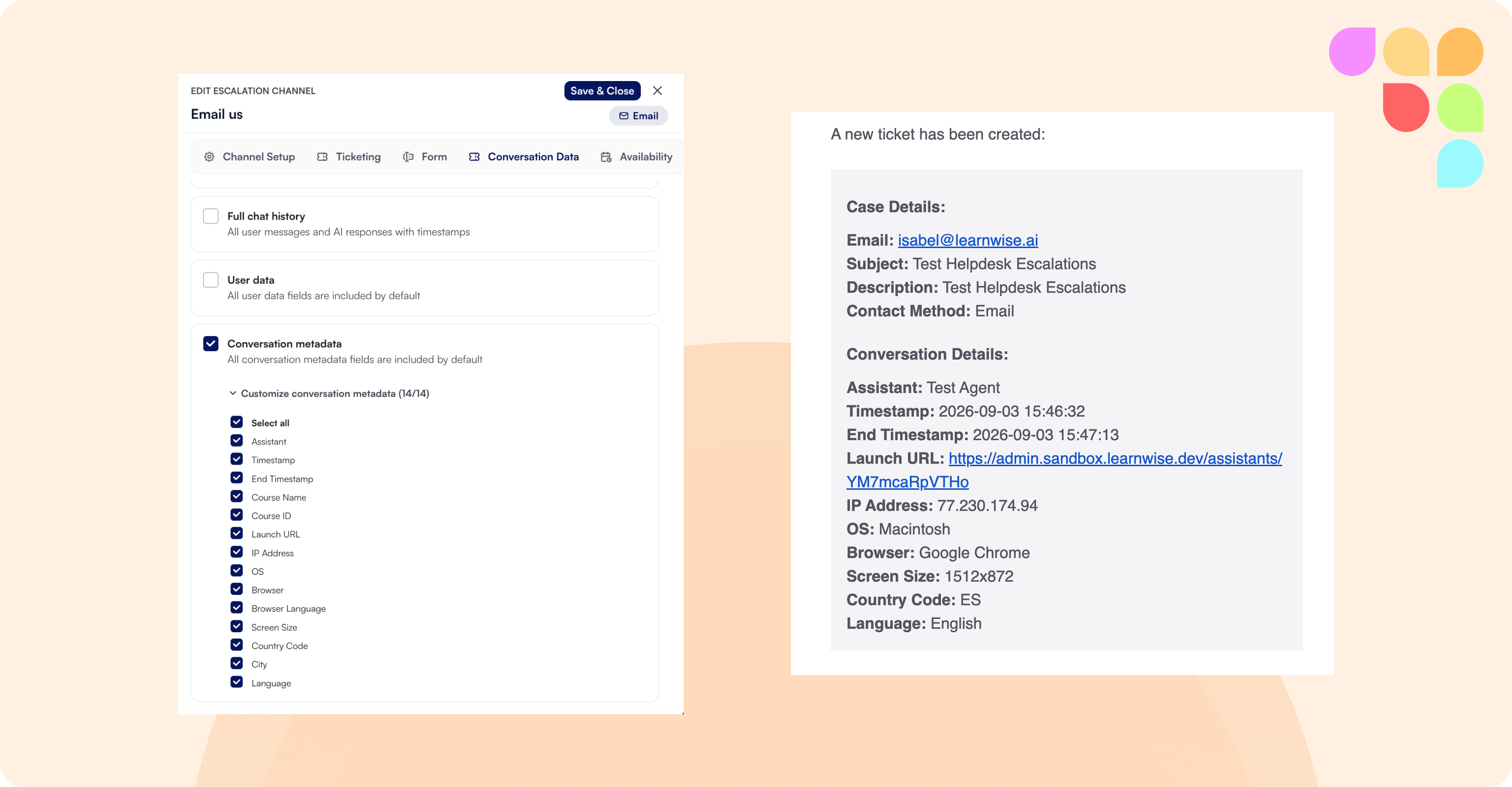 Edit escalation channel dialog with conversation data settings beside a ticket email preview