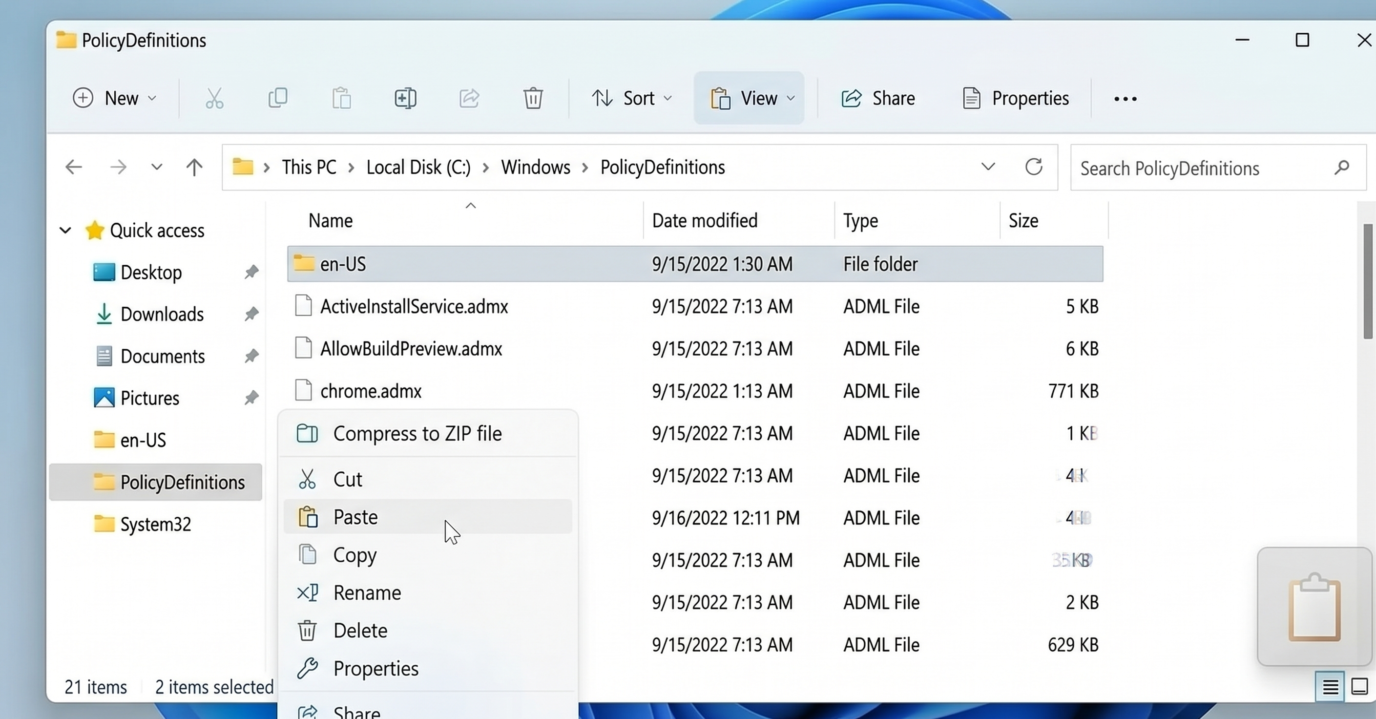 File Explorer context menu with Paste highlighted in the PolicyDefinitions folder