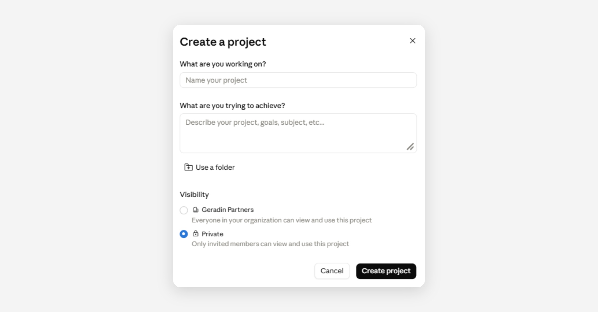 Create a project dialog with name, description, folder, and visibility options