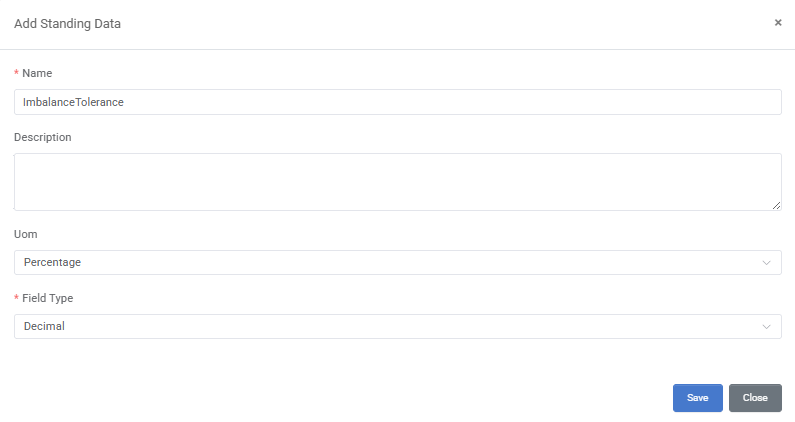 Add Standing Data dialog with name, description, UOM and field type fields