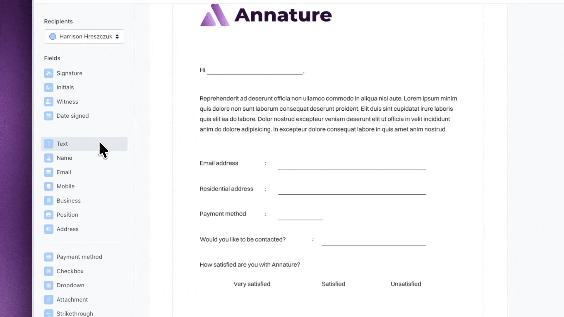 Annature document editor with fields panel for adding form fields to a document
