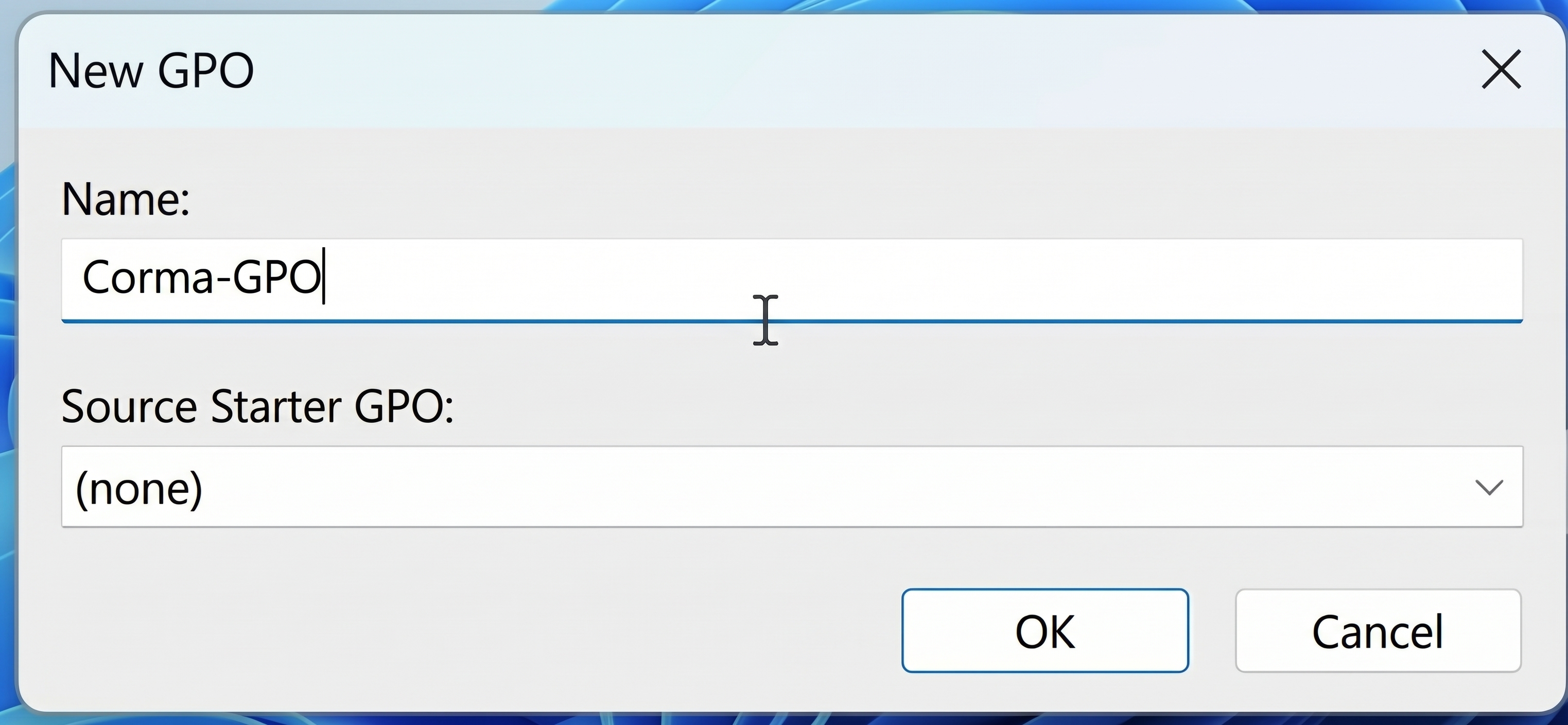 New GPO dialog with name field set to Corma-GPO