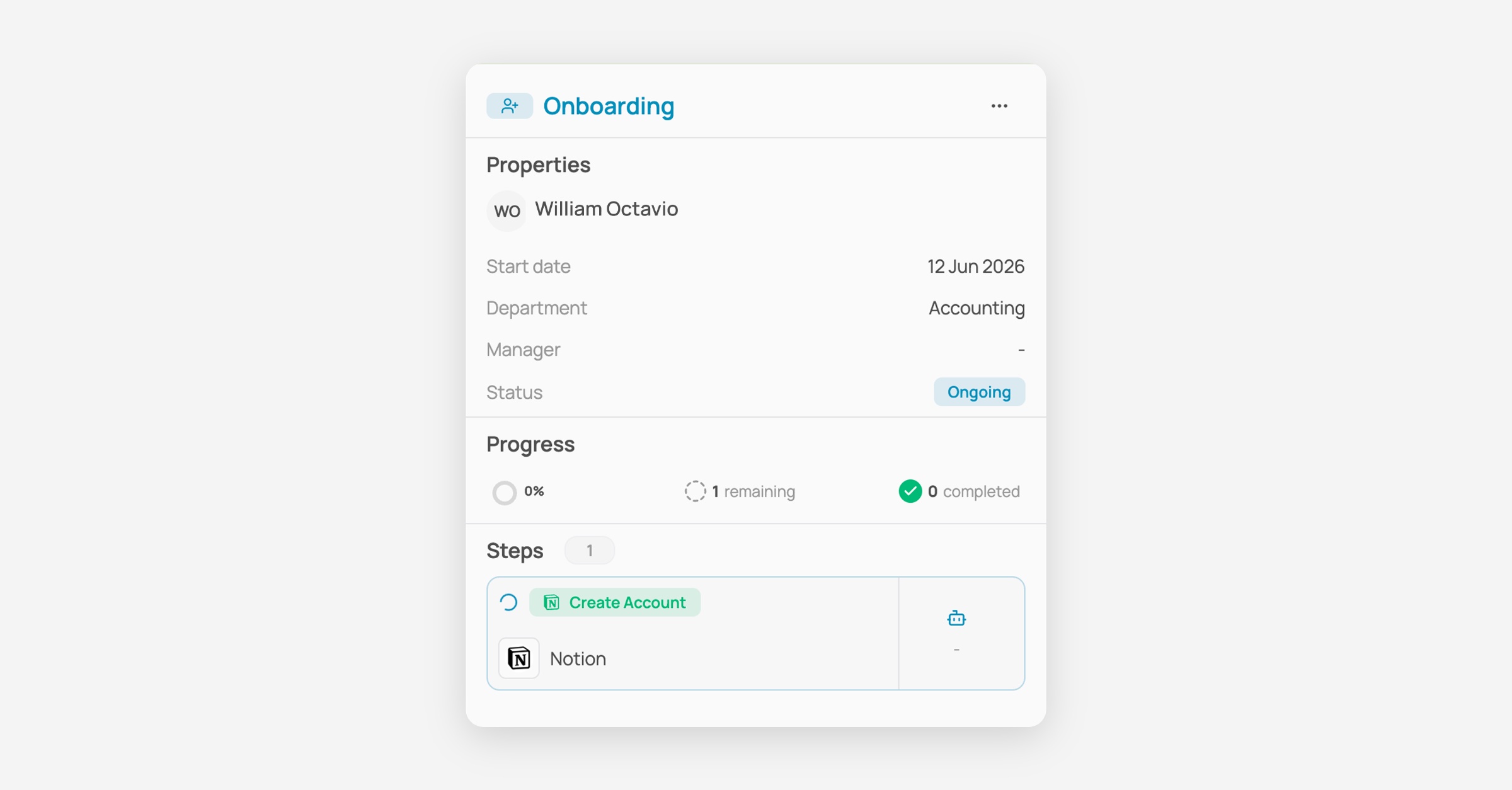 Onboarding record for William Octavio showing properties, progress, and one step