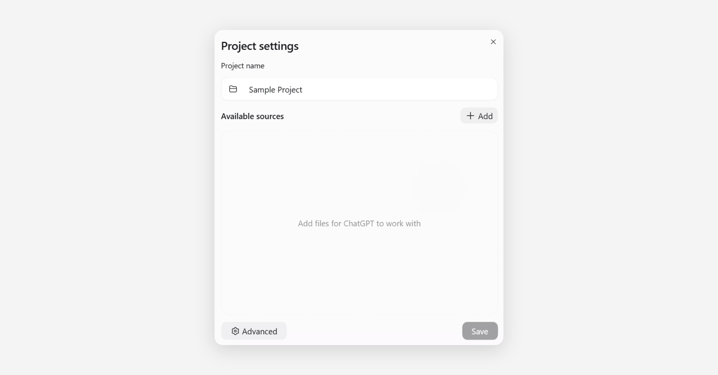 Project settings dialog with project name field and available sources area