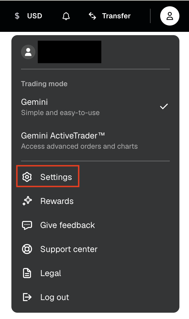 Gemini profile menu with Settings selected.