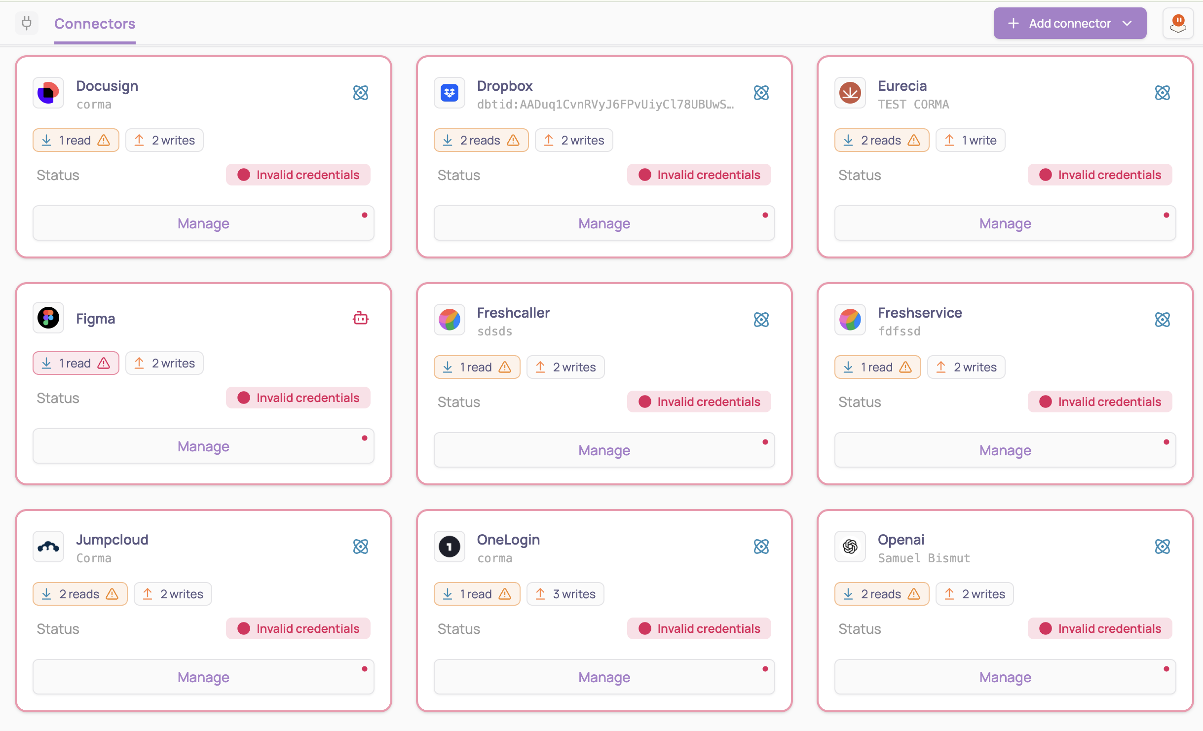 Connectors page with nine connector cards, each showing Invalid credentials status and a Manage button