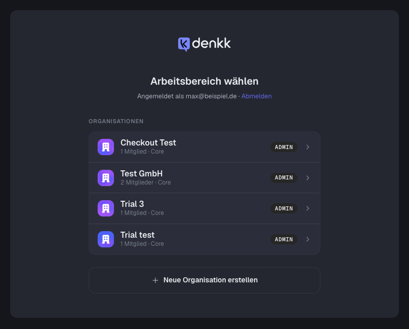 Seite „Arbeitsbereich wählen“ mit angemeldeter E-Mail-Adresse und „Abmelden“