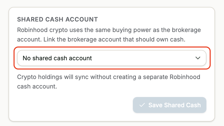 Trussdee shared cash account setting for Robinhood Crypto.