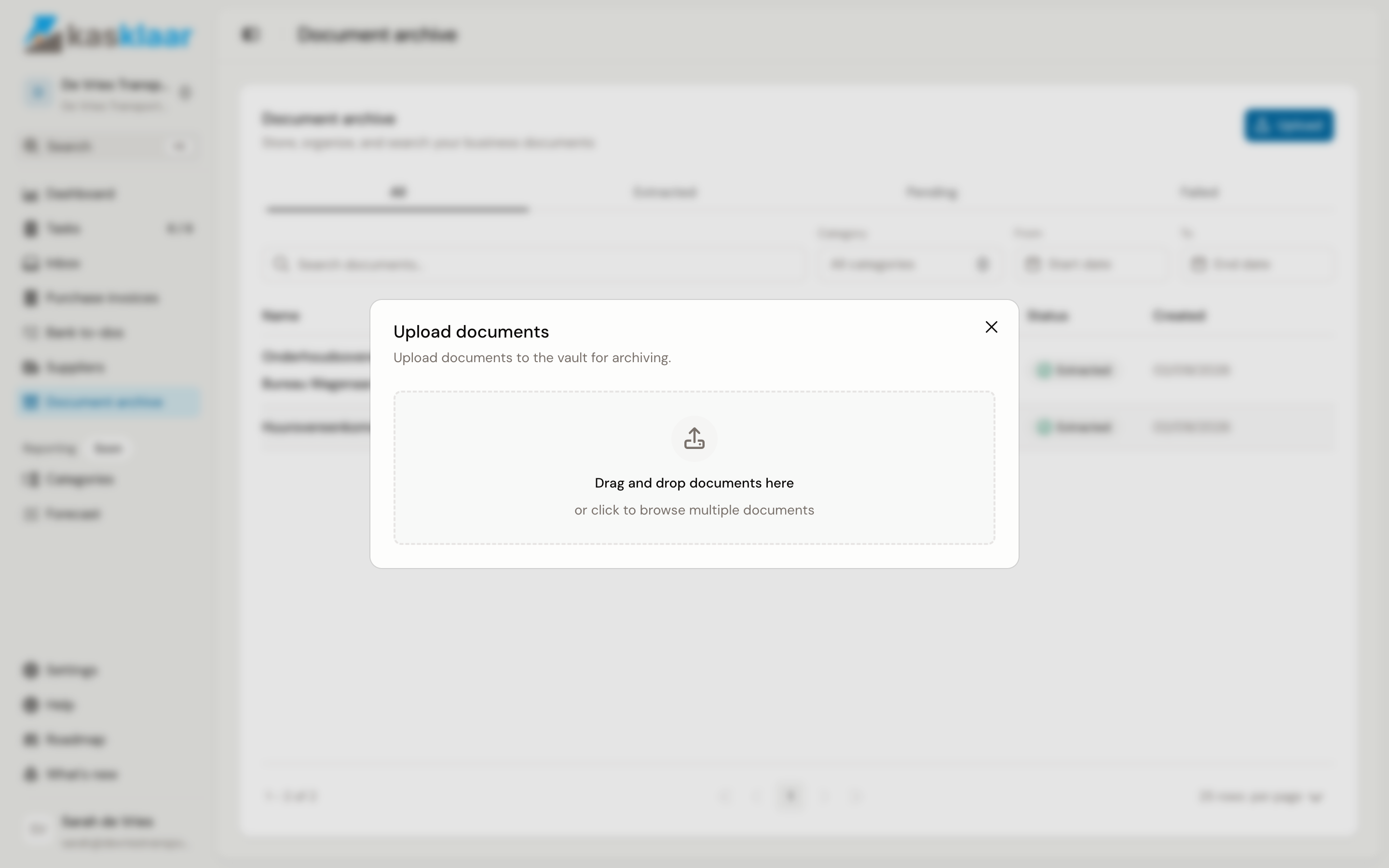 The Upload documents dialog with the box Drag and drop documents here