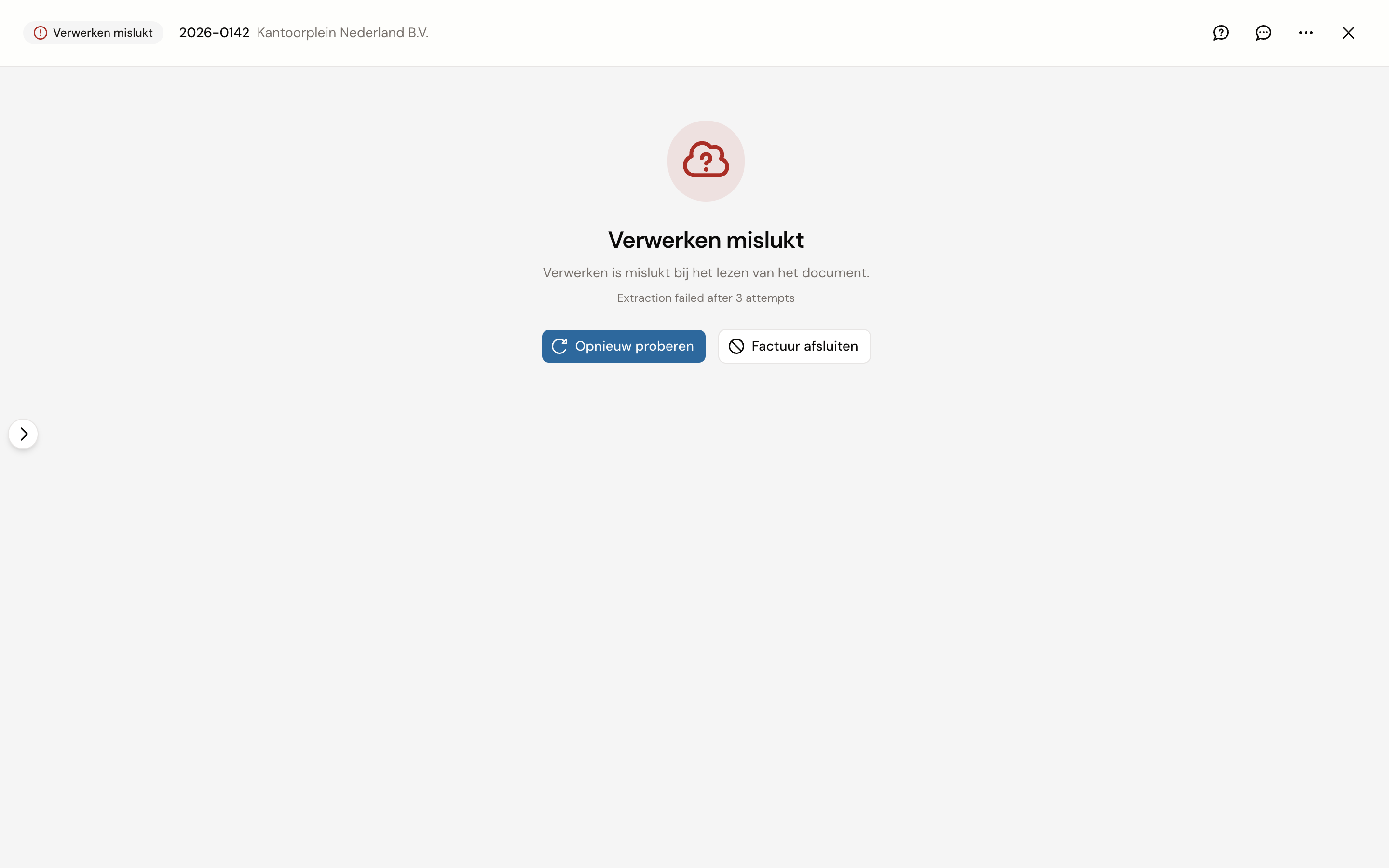 Het mislukt-scherm van een factuur: de kop Verwerken mislukt, de reden eronder en de knoppen Opnieuw proberen en Factuur afsluiten