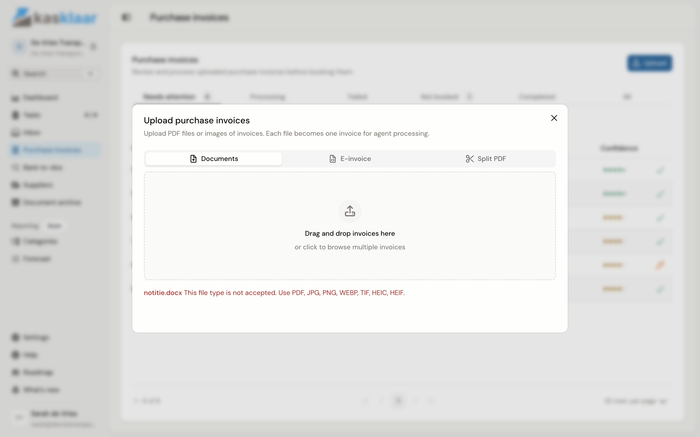 The upload dialog on the Documents tab, with a rejected Word file under the drop zone and the reason: this file type is not accepted