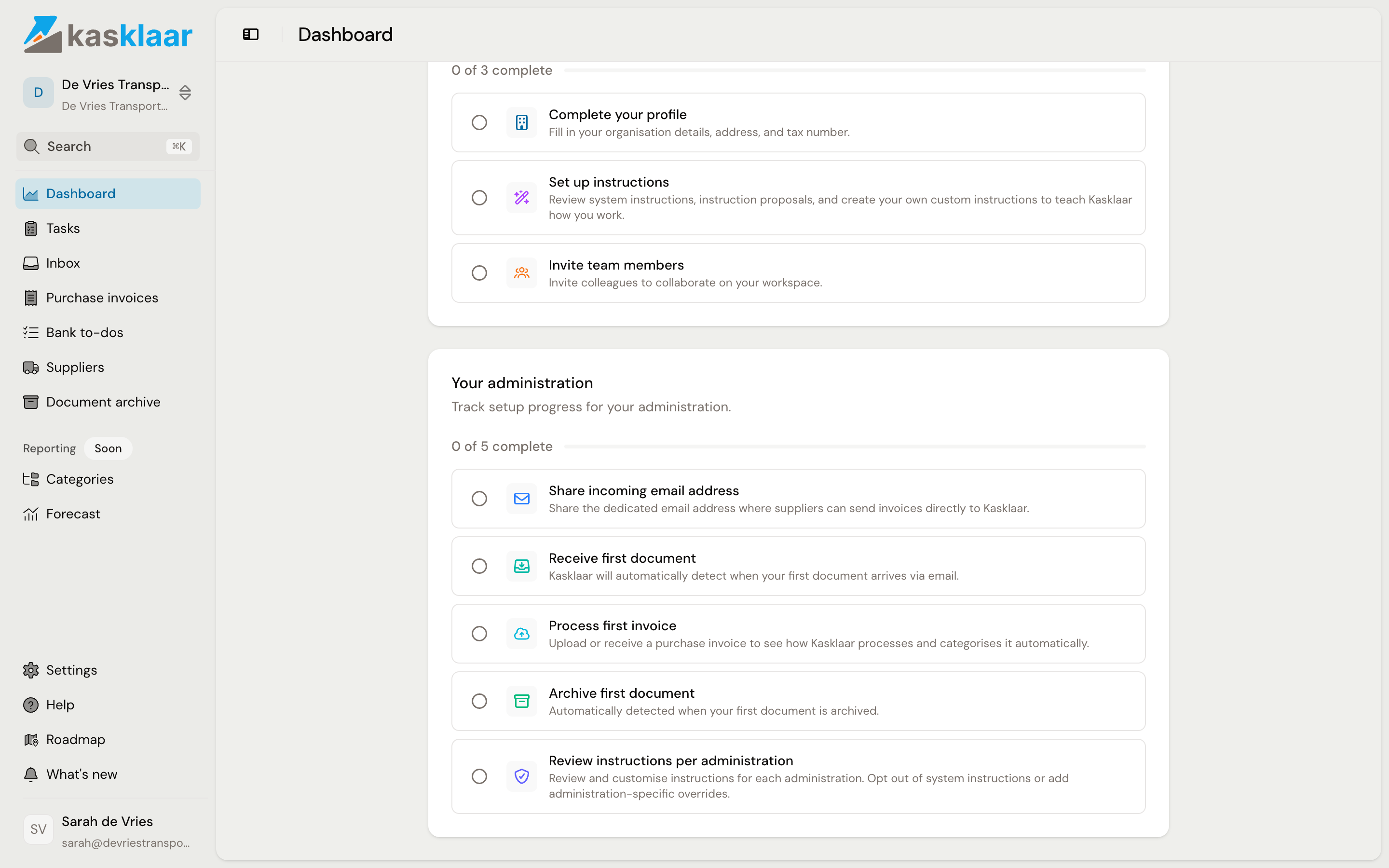 The checklist with the five tasks under Your administration