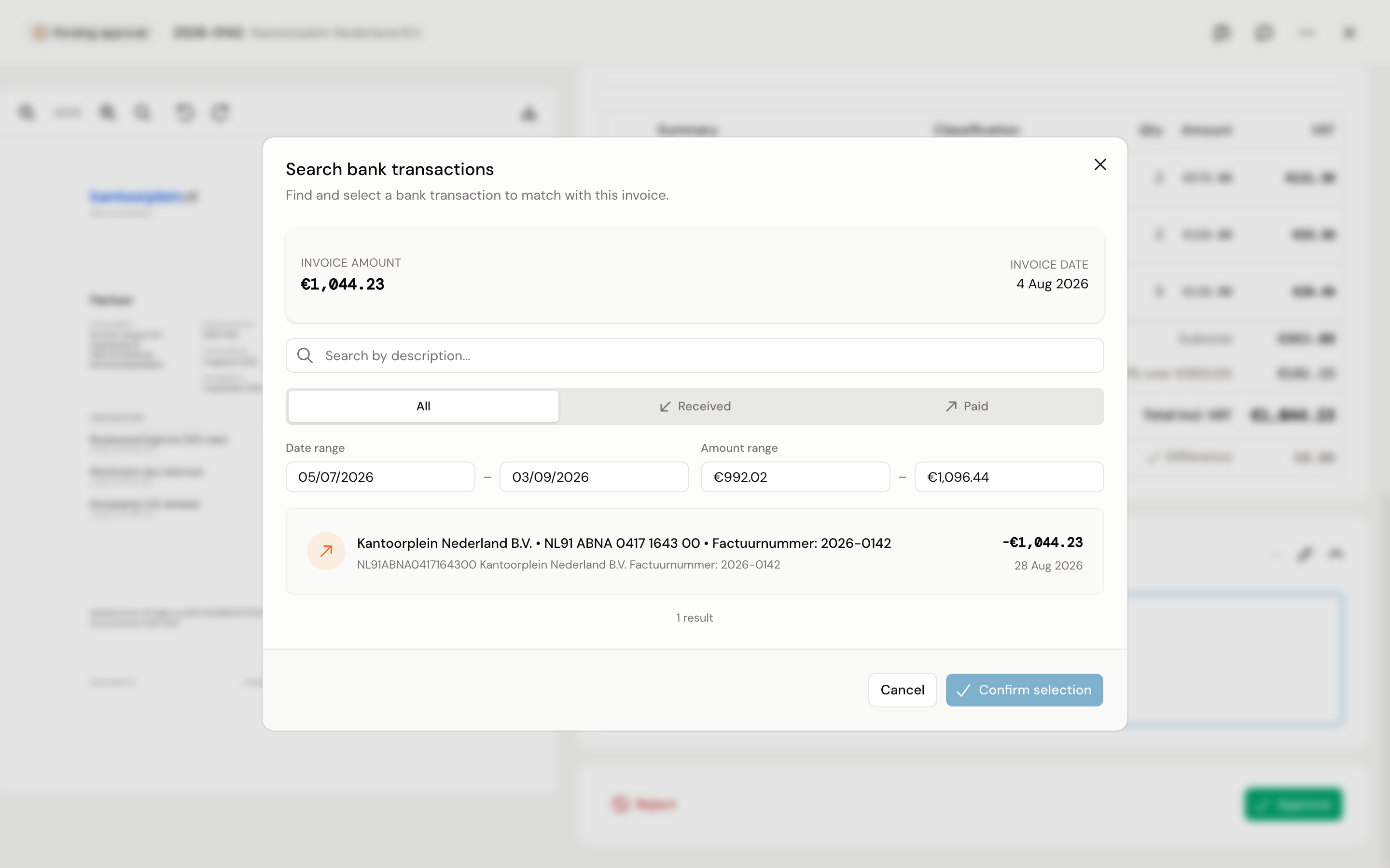 The Search bank transactions dialog with the invoice amount, the filters and the payment from Kantoorplein Nederland that was found