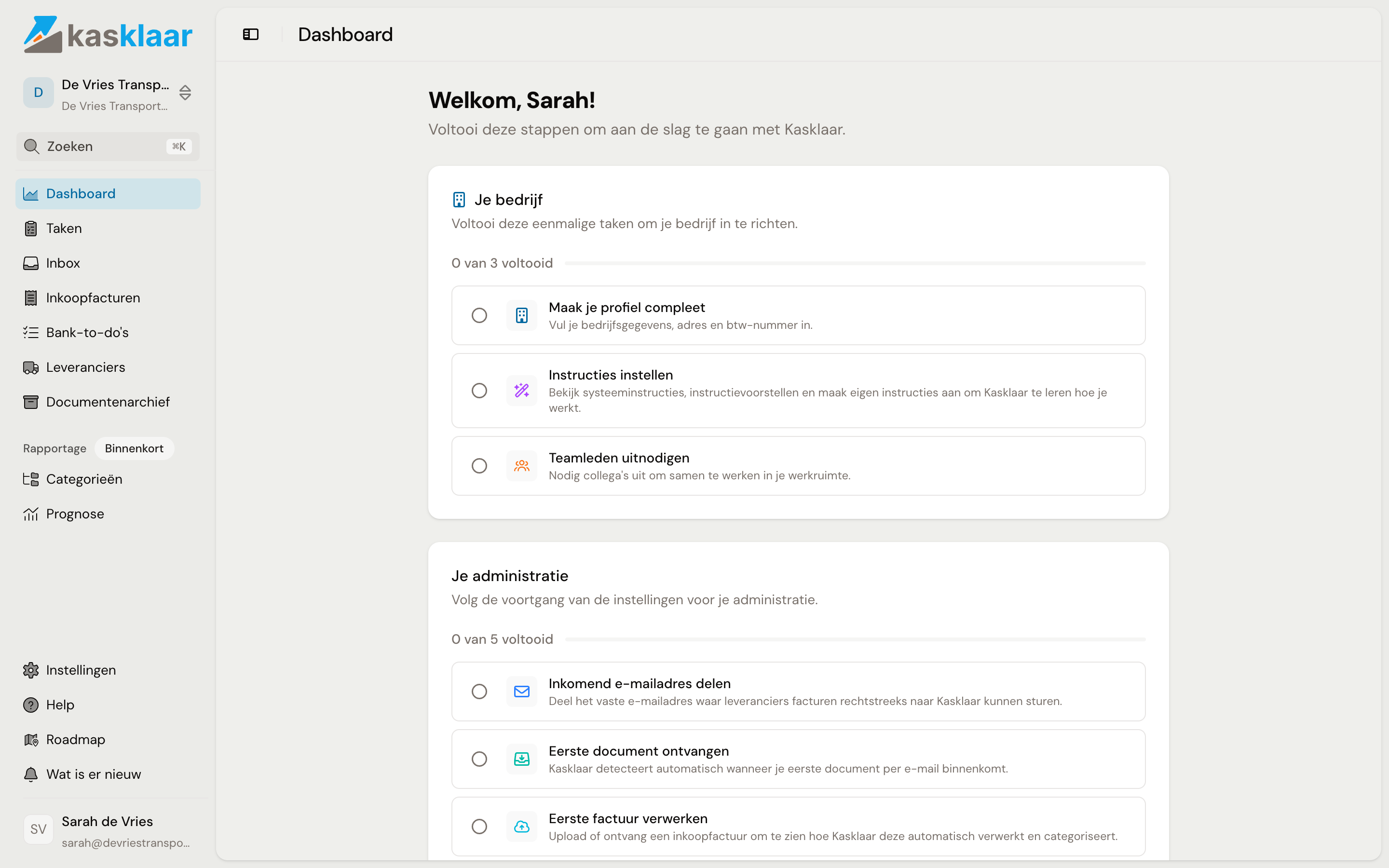 De checklist op het dashboard met de drie taken onder Je bedrijf