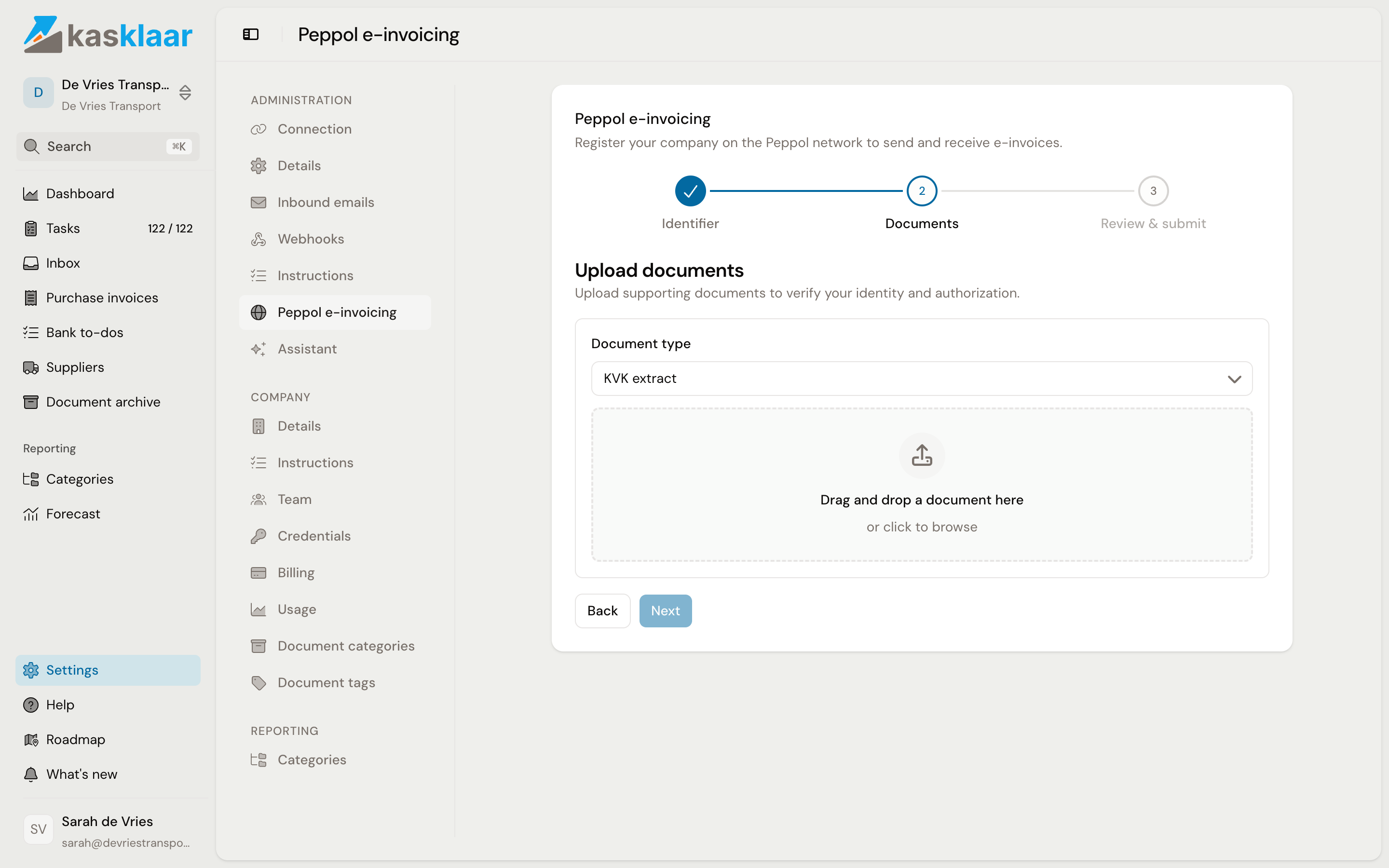 Step 2 of the registration: the document type KVK extract selected and the box to drag the file into