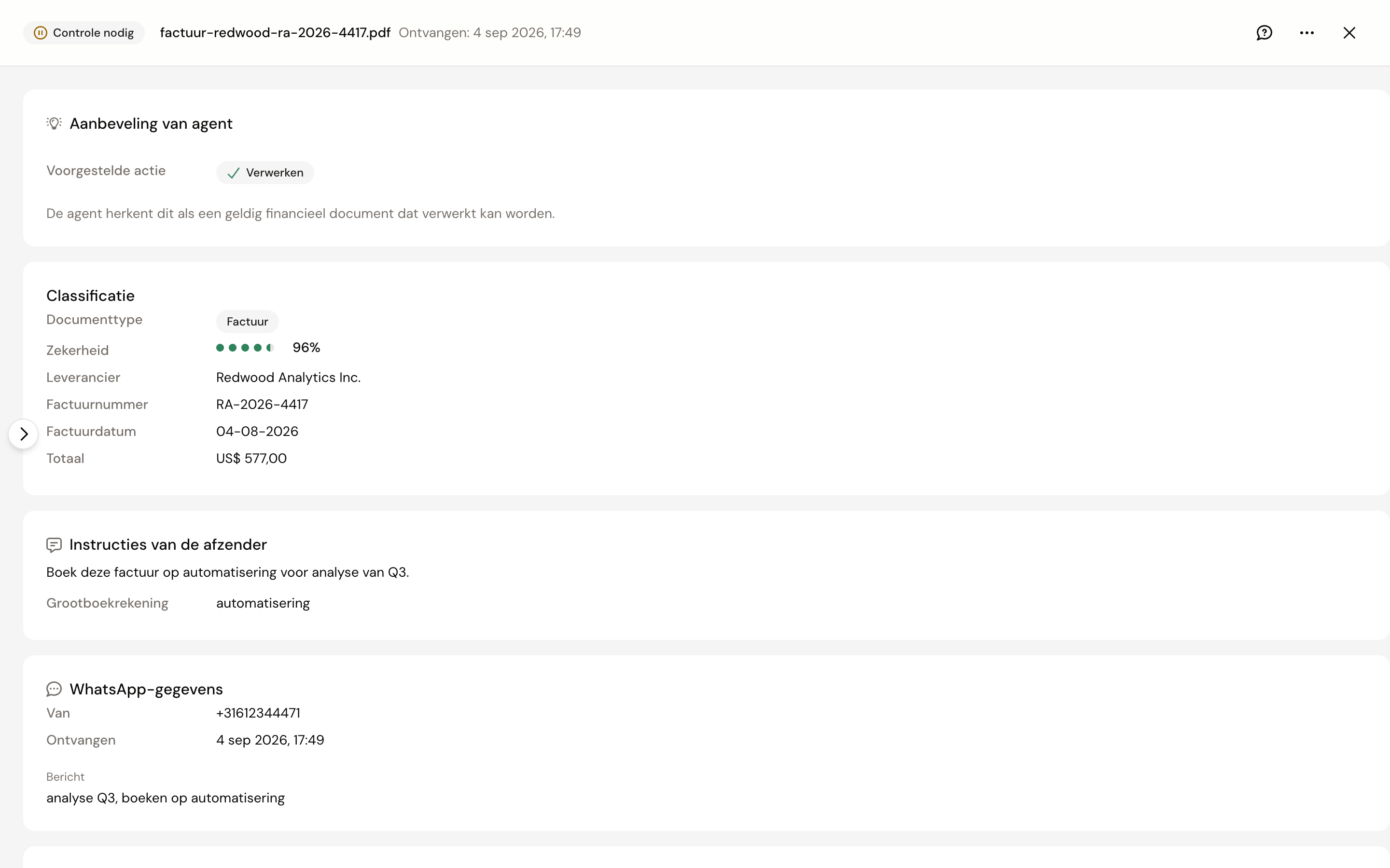 Documentdetails in de Inbox met het blok WhatsApp-gegevens: afzendnummer, tijdstip en bijschrift, en daarboven Instructies van de afzender