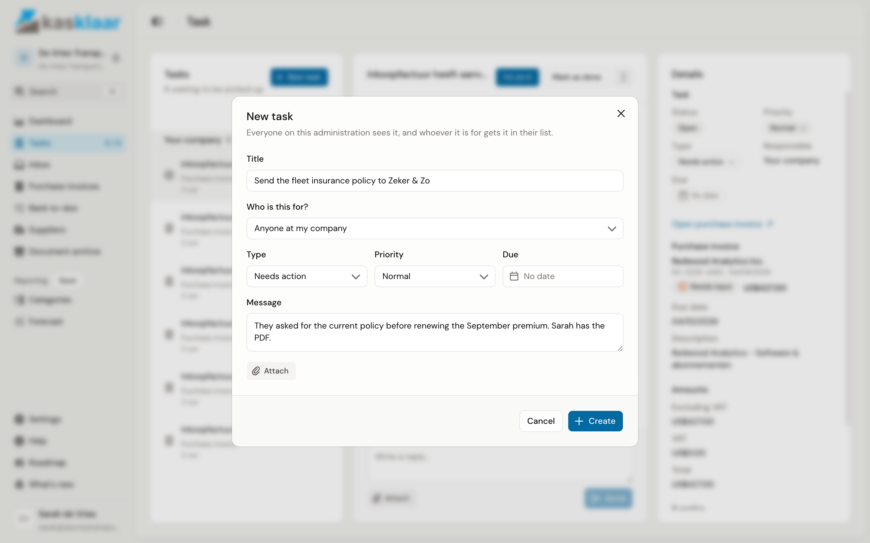 The New task dialog with title, Who is this for, type, priority, date and message