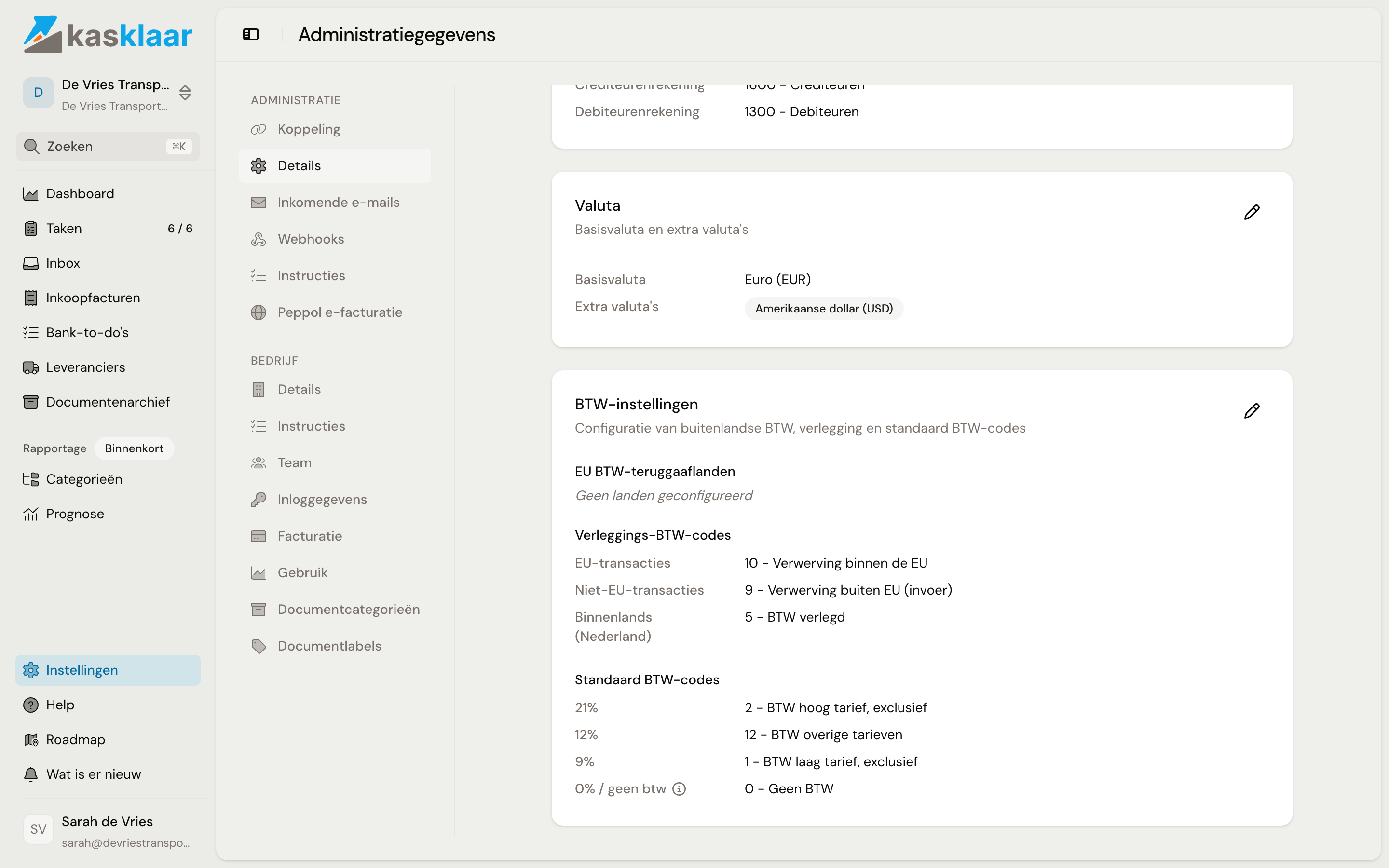 Het blok BTW-instellingen met EU BTW-teruggaaflanden, de verleggingscodes en de standaard BTW-codes per tarief