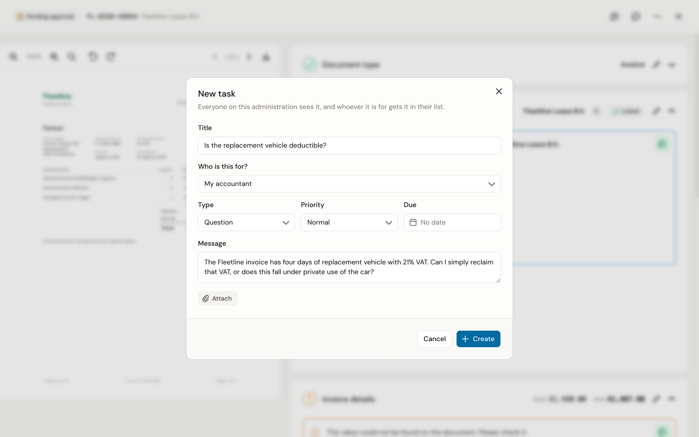 The New task dialog, opened from an invoice, with My accountant under Who is this for, the type Question and a question about VAT