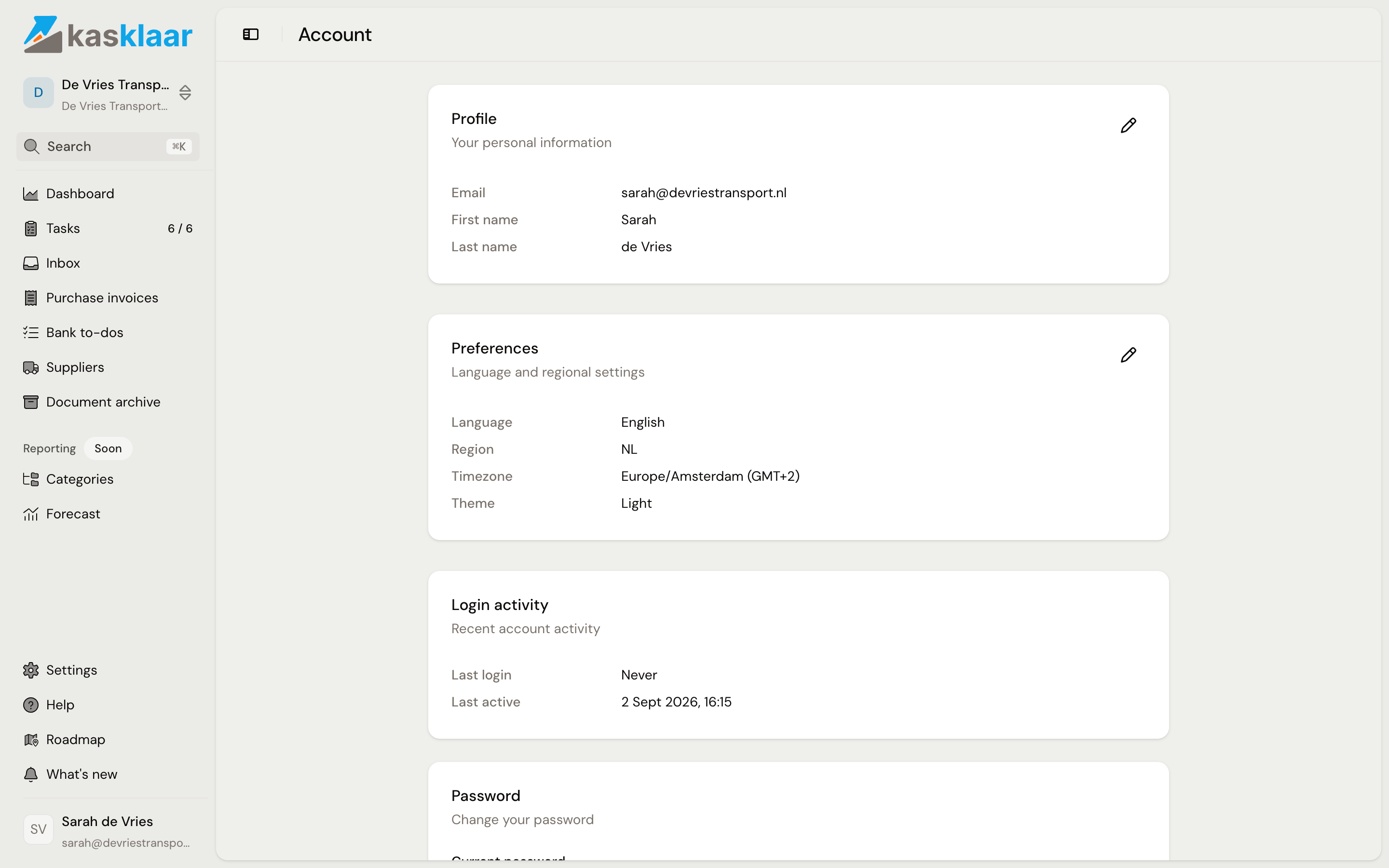 The Account page with the blocks Profile, Preferences and Login activity