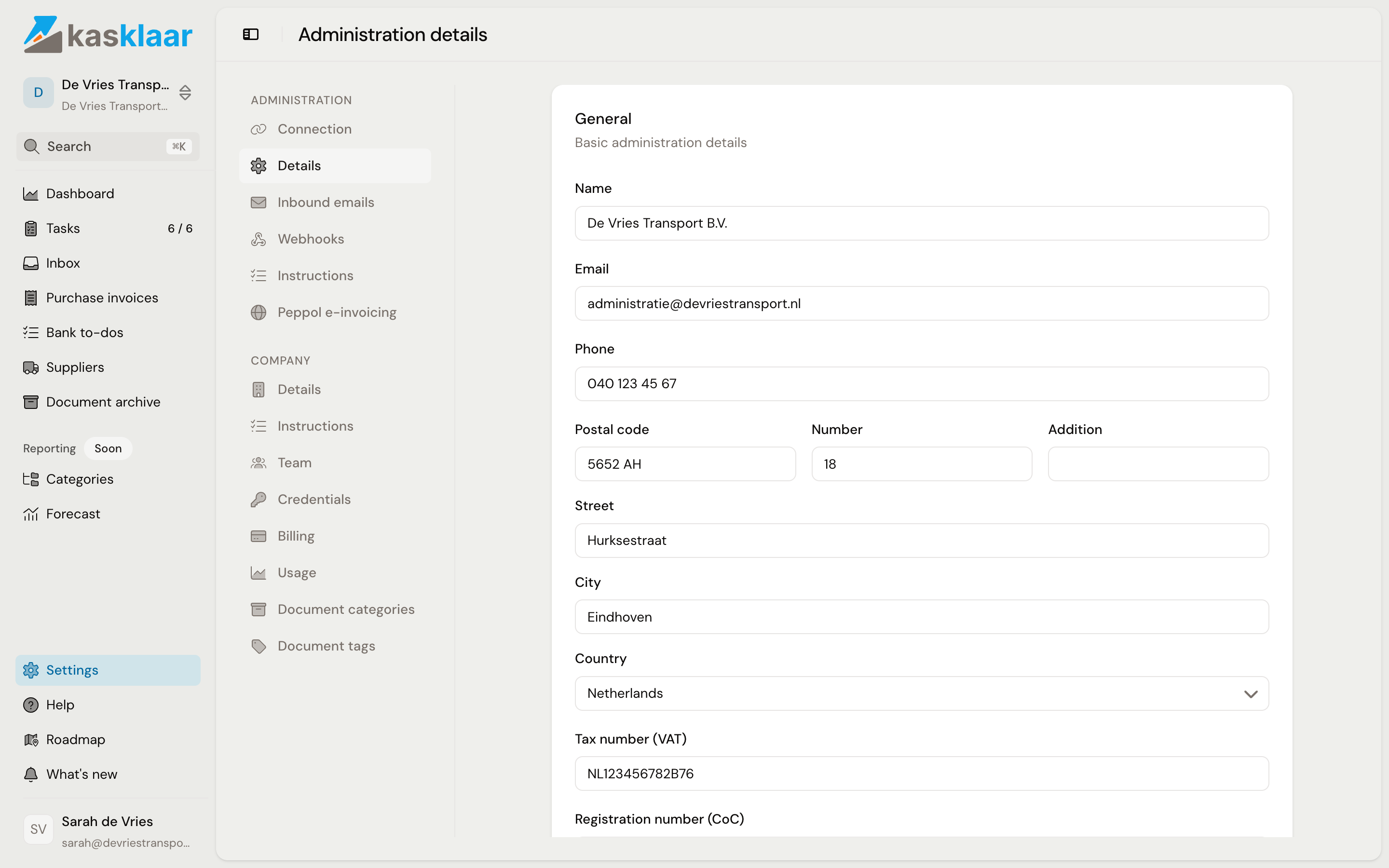 The edit form of General with name, email, phone, address, VAT number and registration number