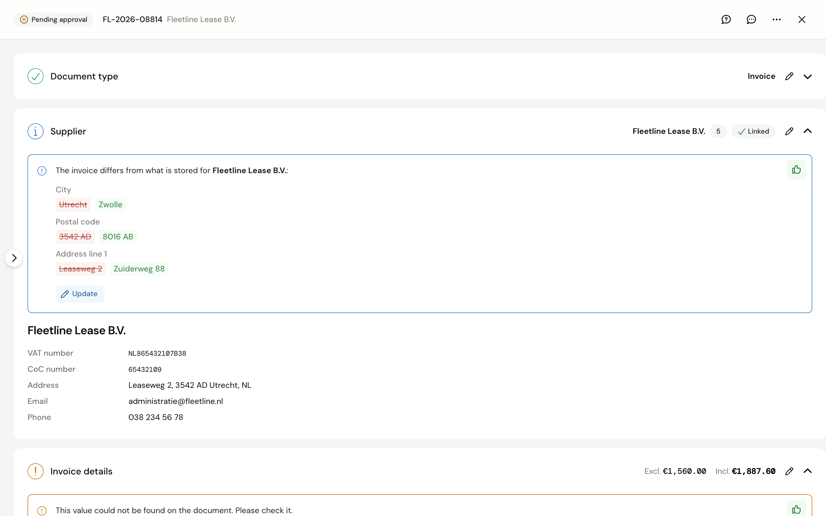 The Supplier section with the notice that the invoice differs from what is stored for Fleetline Lease, per field the old value struck through and the new one next to it, and the Update button