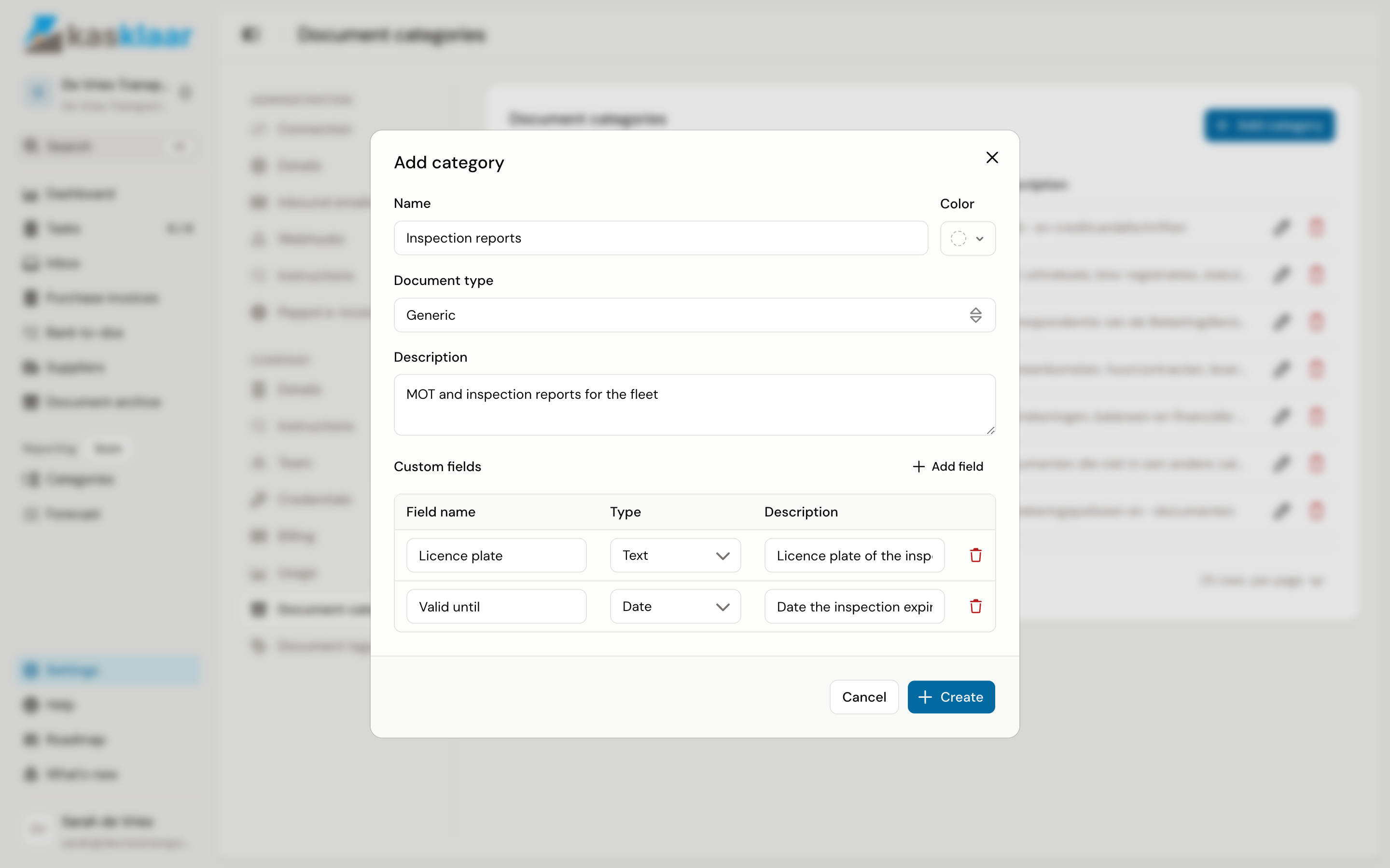 The Add category dialog with the category Inspection reports and two custom fields, Licence plate and Valid until
