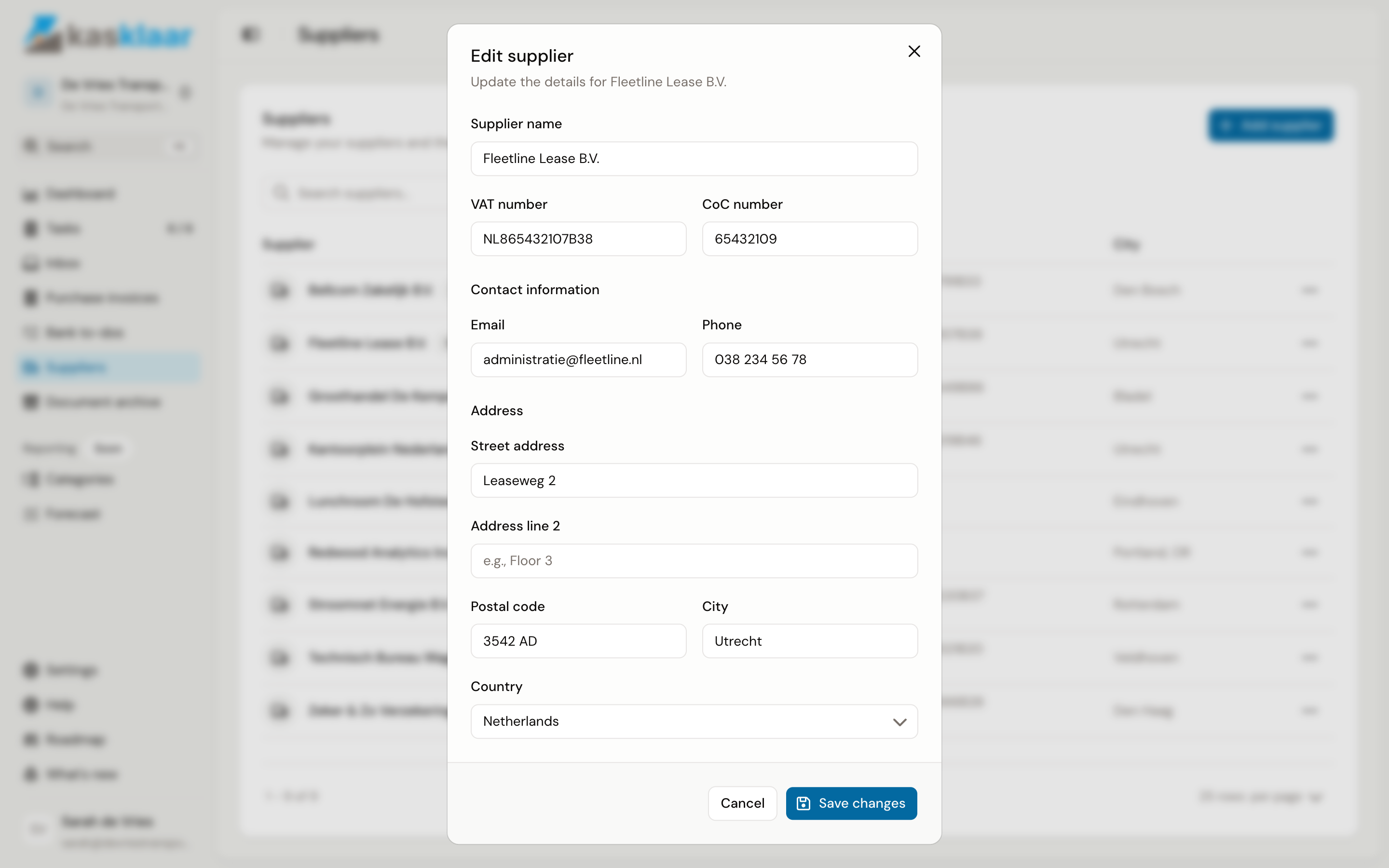 The Edit supplier form for Fleetline Lease, with name, numbers, contact details and address