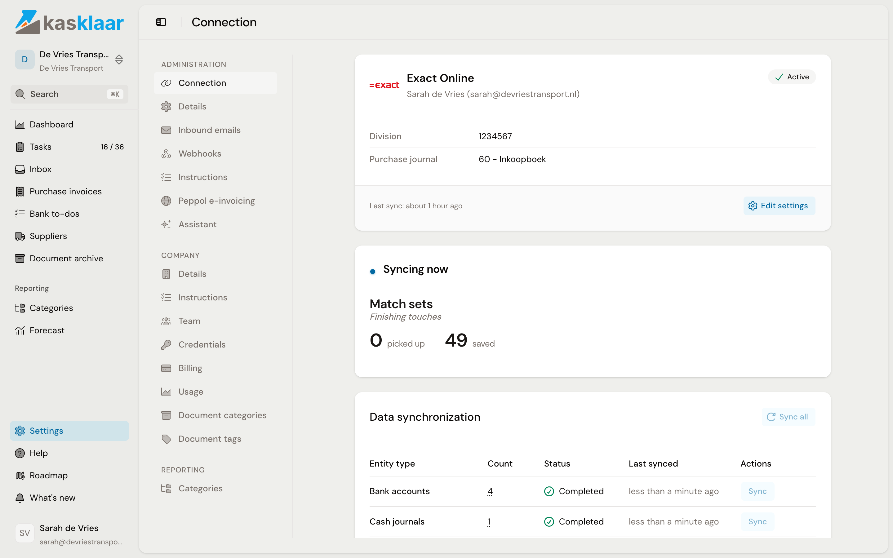 The connection page with the Exact Online card, status Active, division and purchase journal, and below it the Data synchronization table with the Sync all button