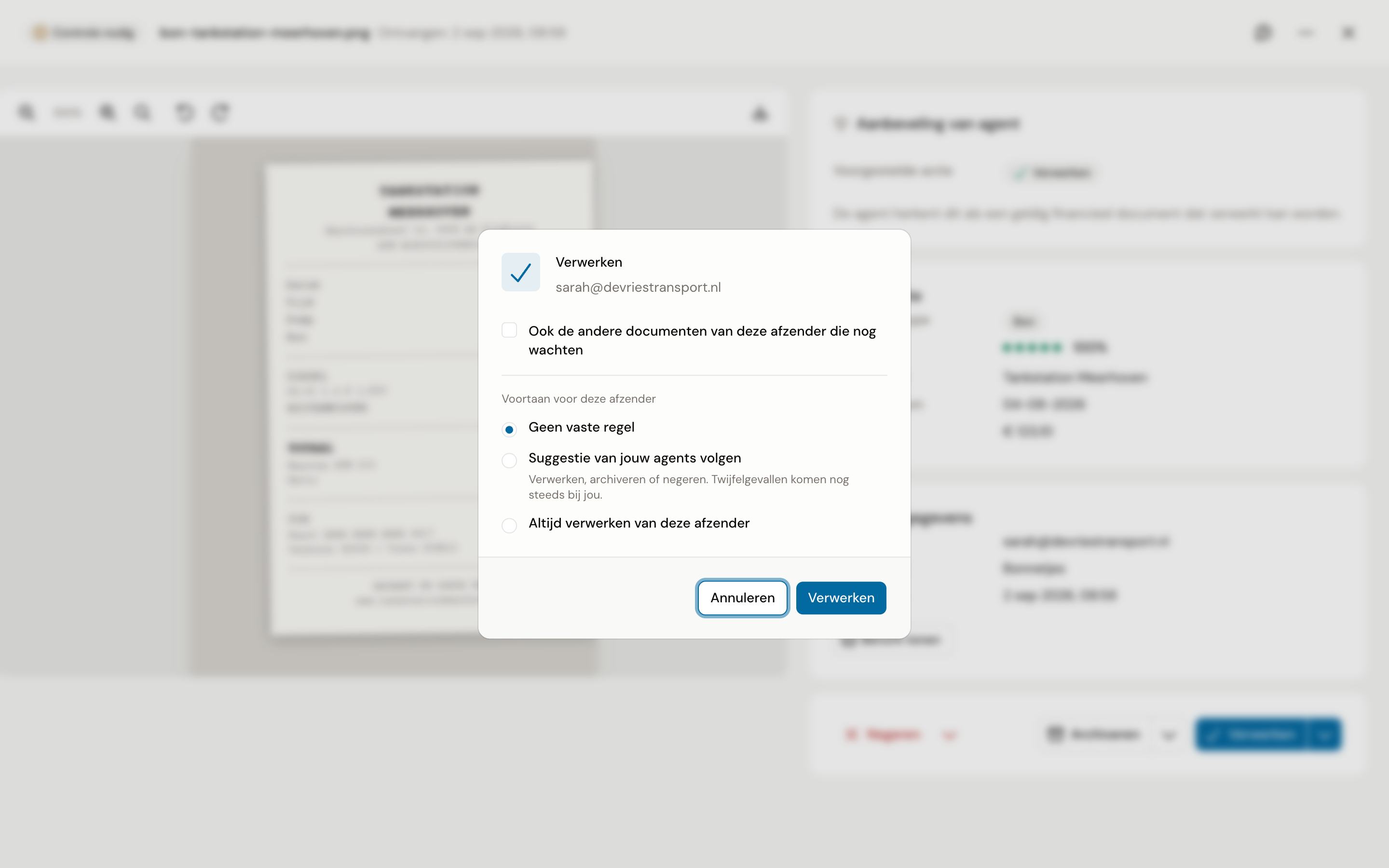 De dialoog Verwerken voor een afzender, met het vinkje voor de andere wachtende documenten en de keuze Voortaan voor deze afzender