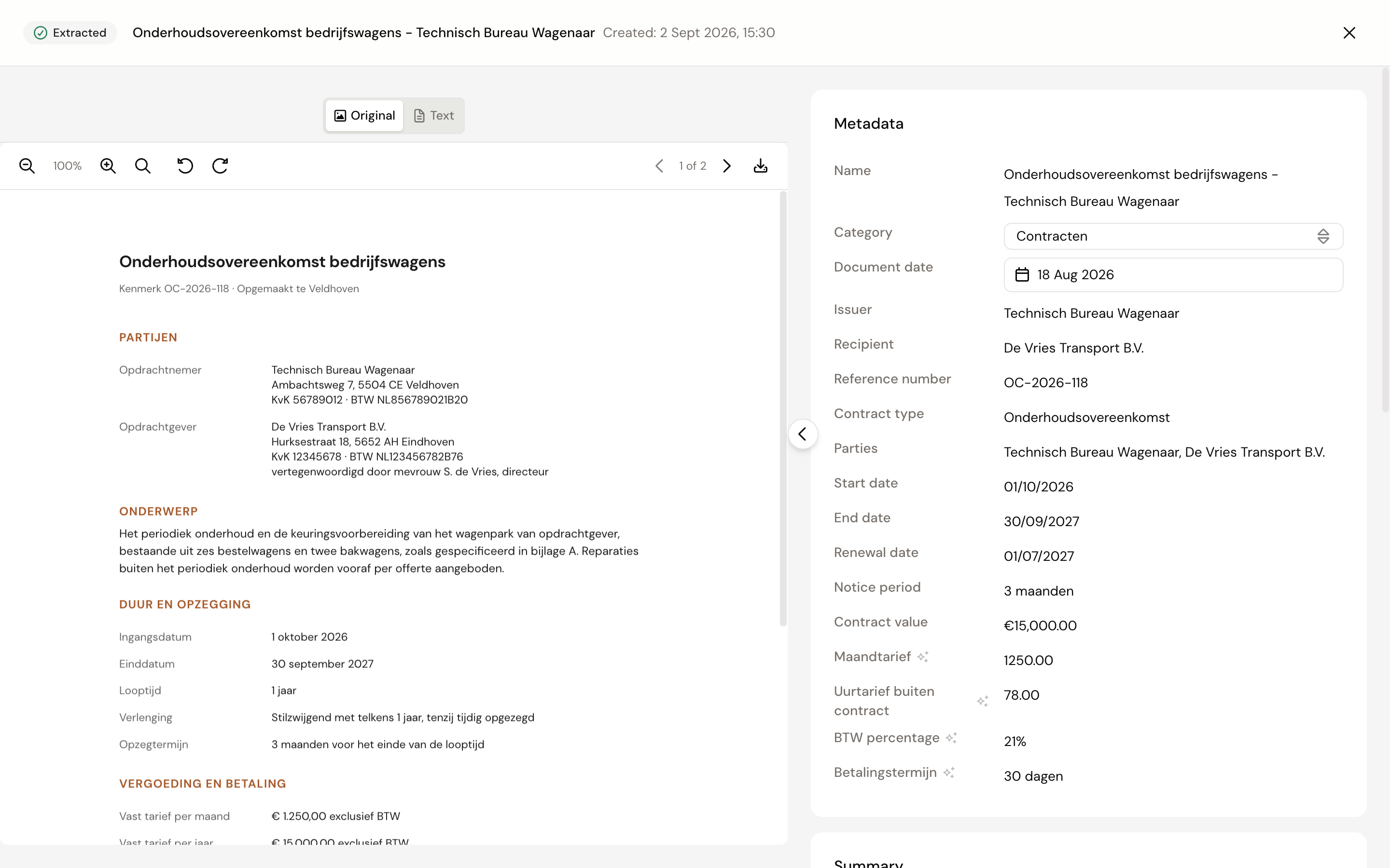 The document screen of a maintenance contract, the original on the left and on the right the metadata with name, category, date, parties, start and end date, notice period and contract value
