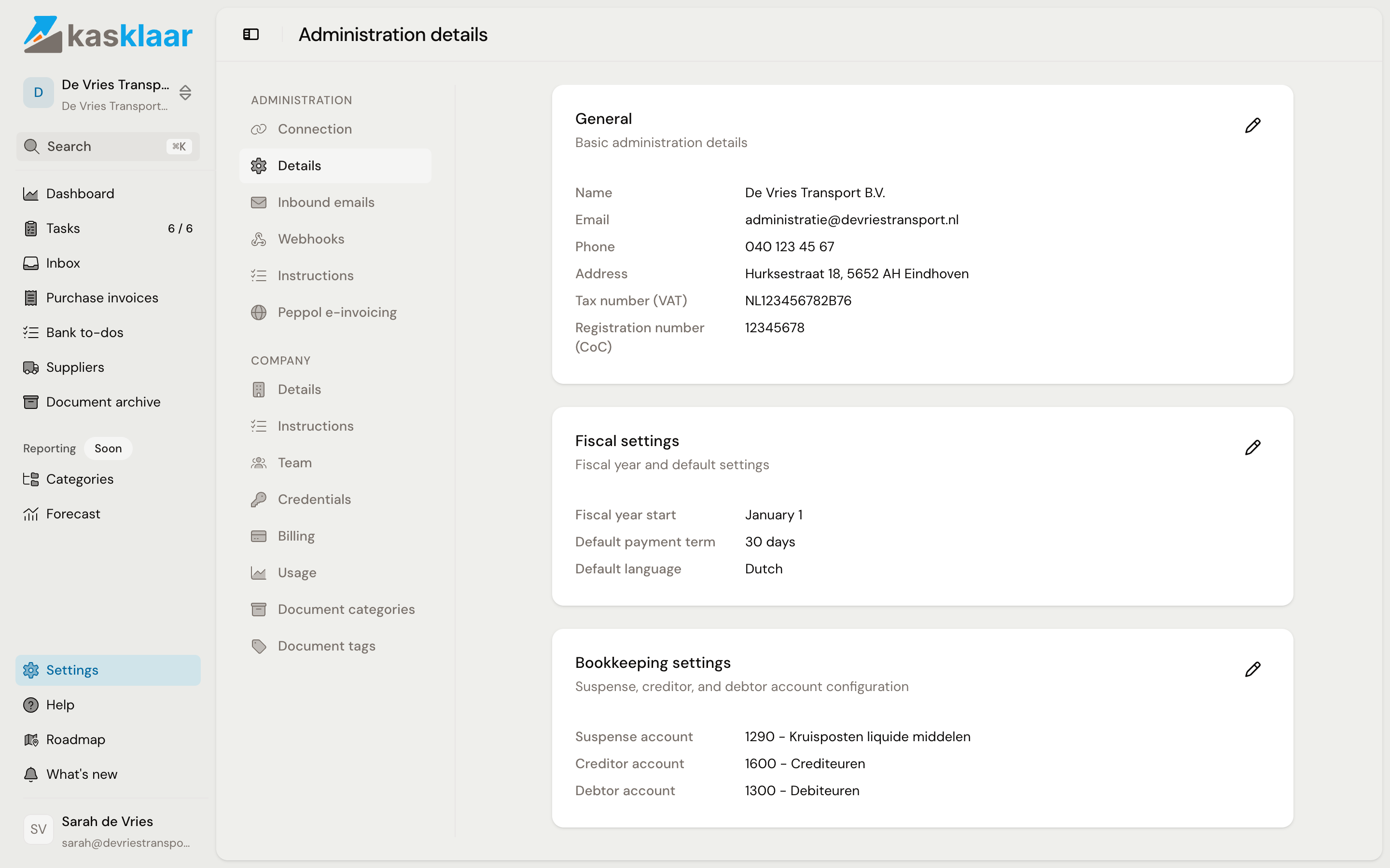 The Administration details page with the blocks General, Fiscal settings and Bookkeeping settings
