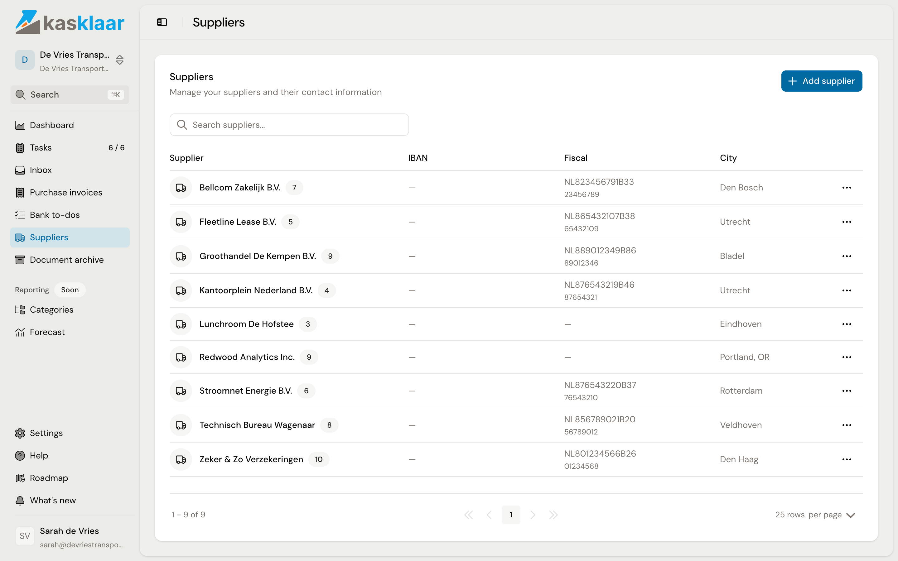 The Suppliers page with nine suppliers, each row showing IBAN, VAT and CoC number and city