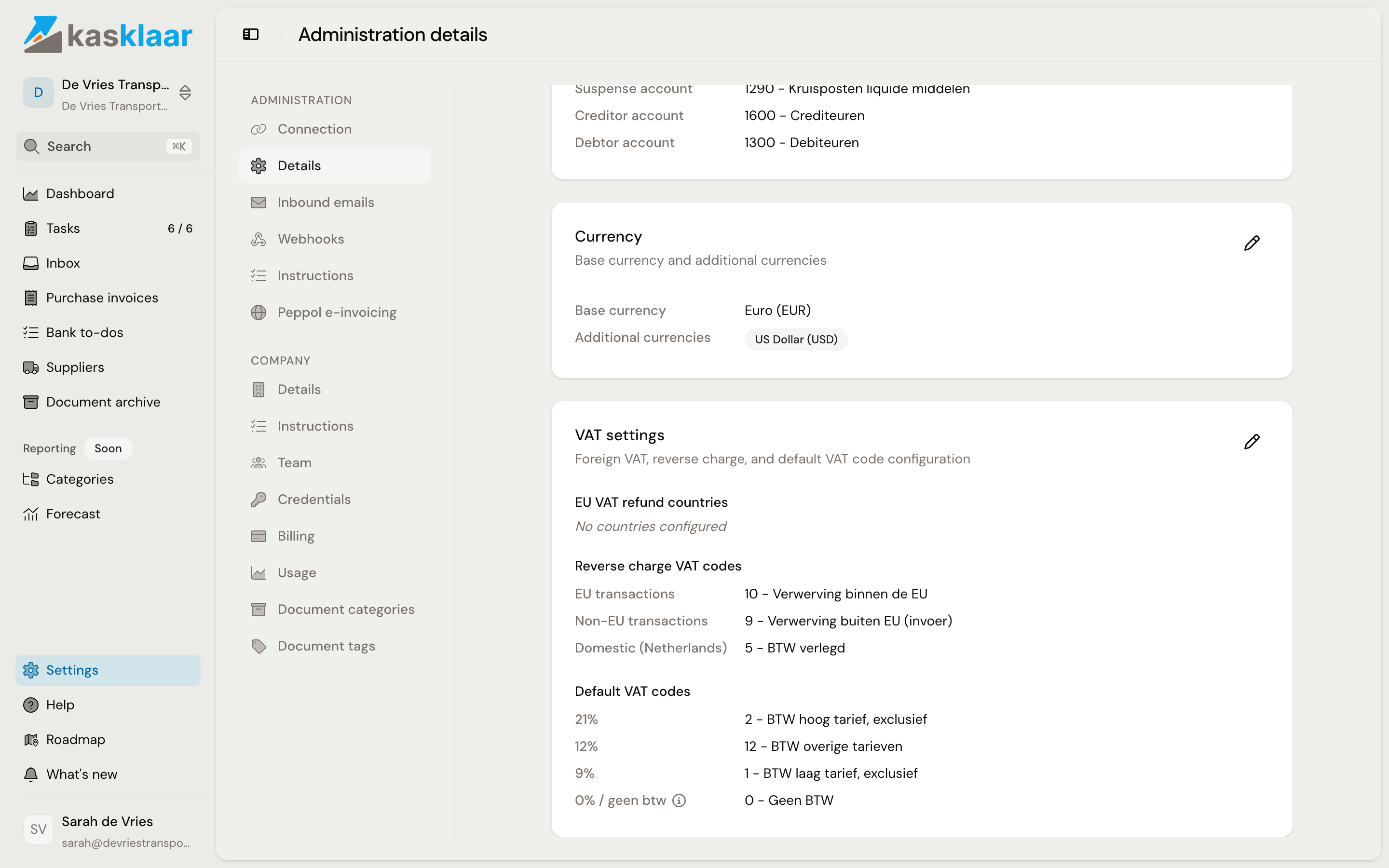 The VAT settings block with EU VAT refund countries, the reverse charge codes and the default VAT codes per rate