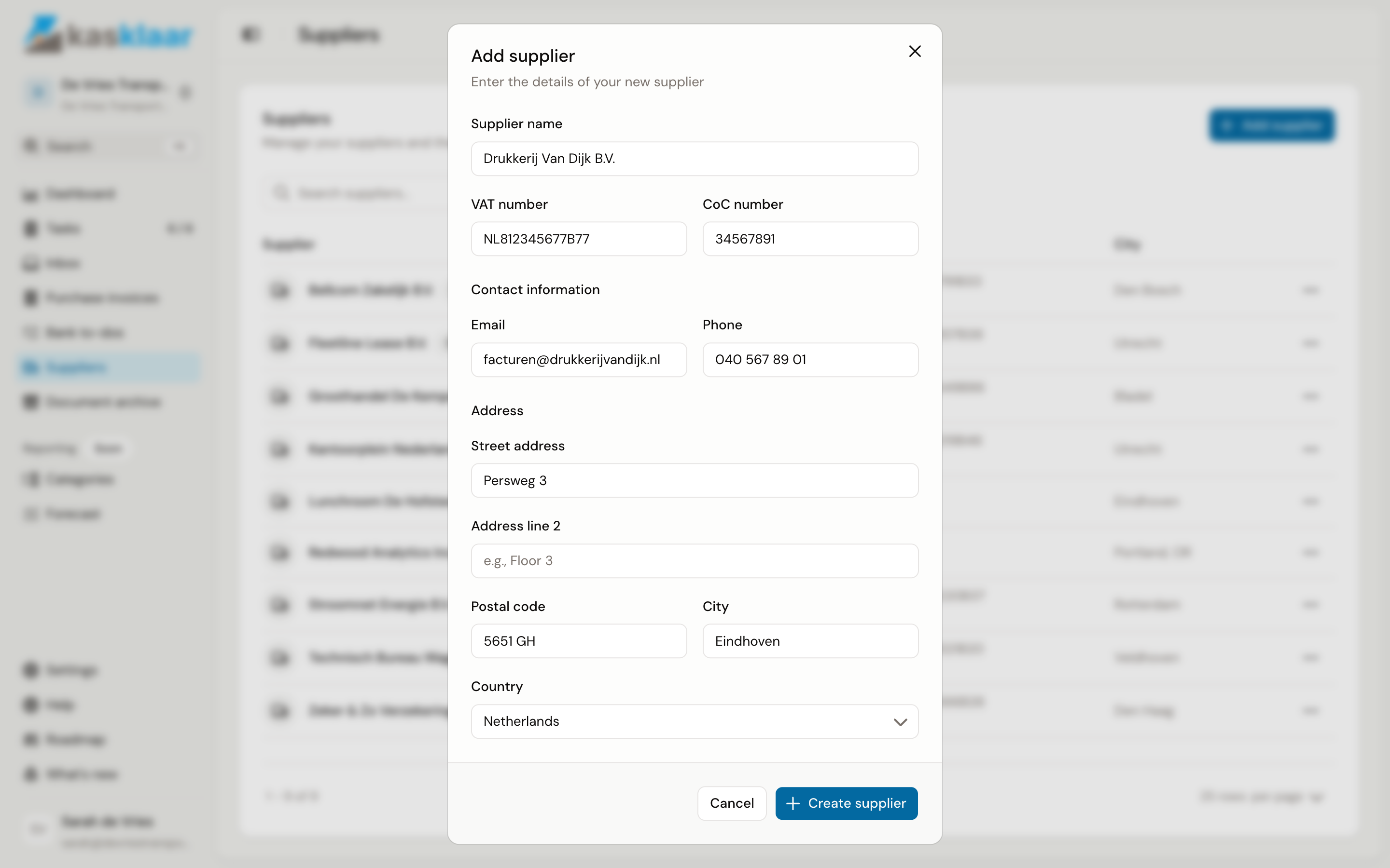 The Add supplier form with name, VAT number, CoC number, contact details and address