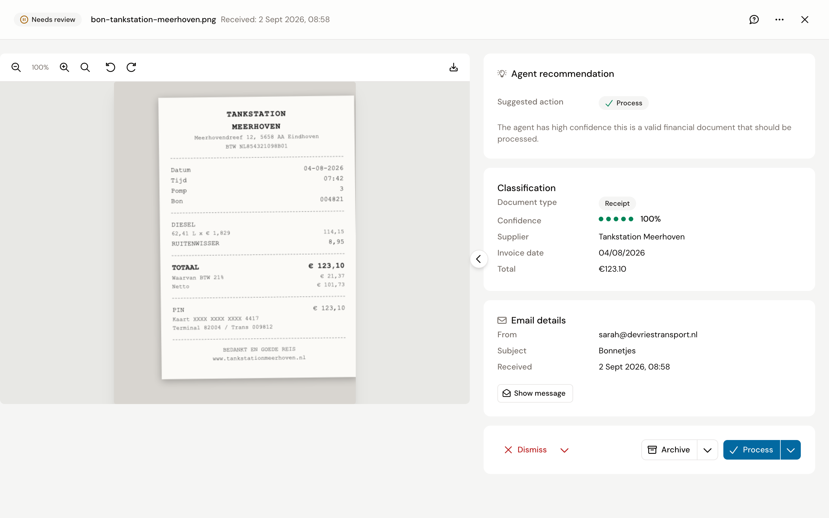 The document screen with a fuel receipt on the left and the blocks Agent recommendation, Classification and Email details on the right, with the buttons Dismiss, Archive and Process at the bottom