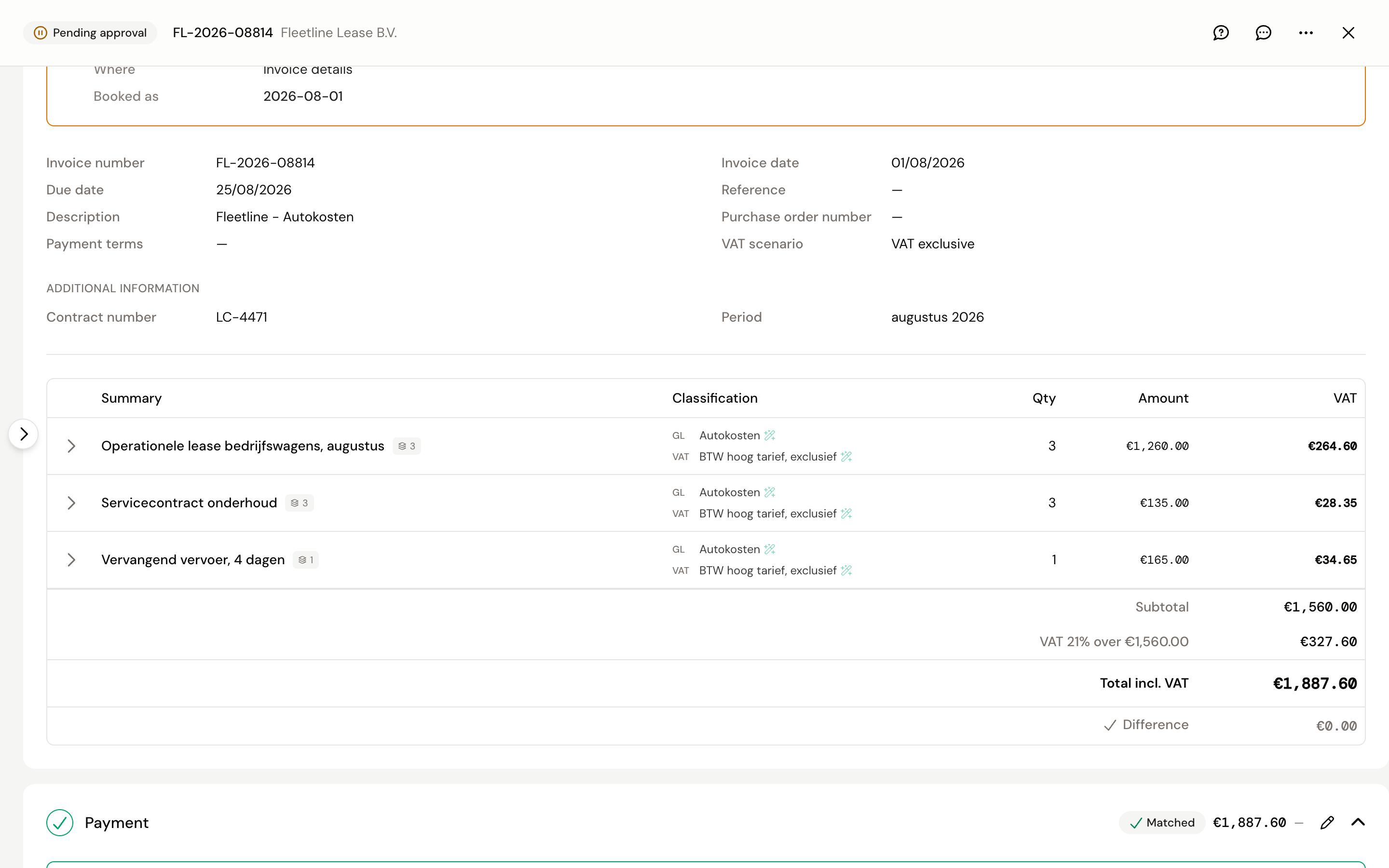 The header of a purchase invoice with the VAT scenario field