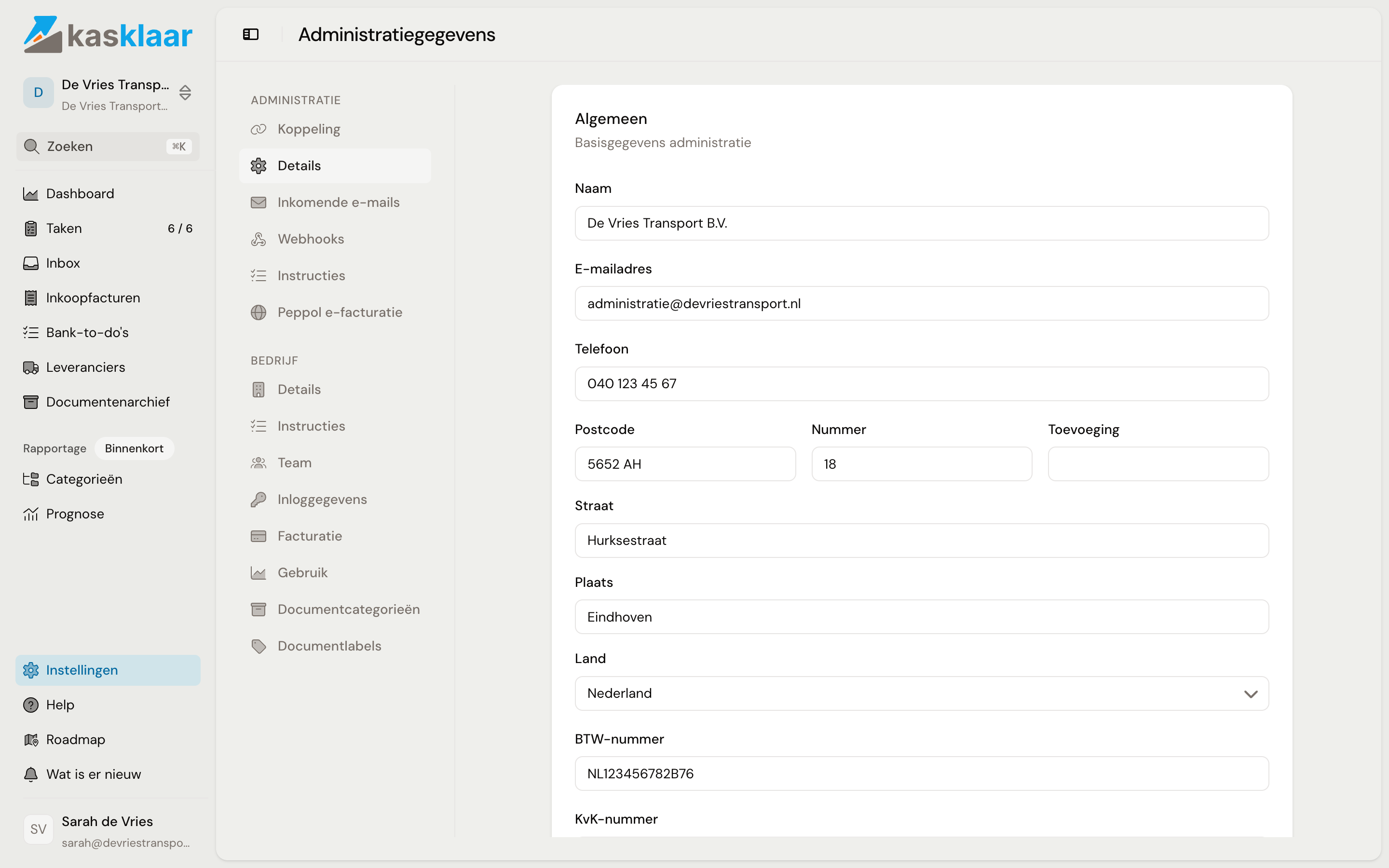 Het bewerkformulier van Algemeen met naam, e-mailadres, telefoon, adres, BTW-nummer en KvK-nummer
