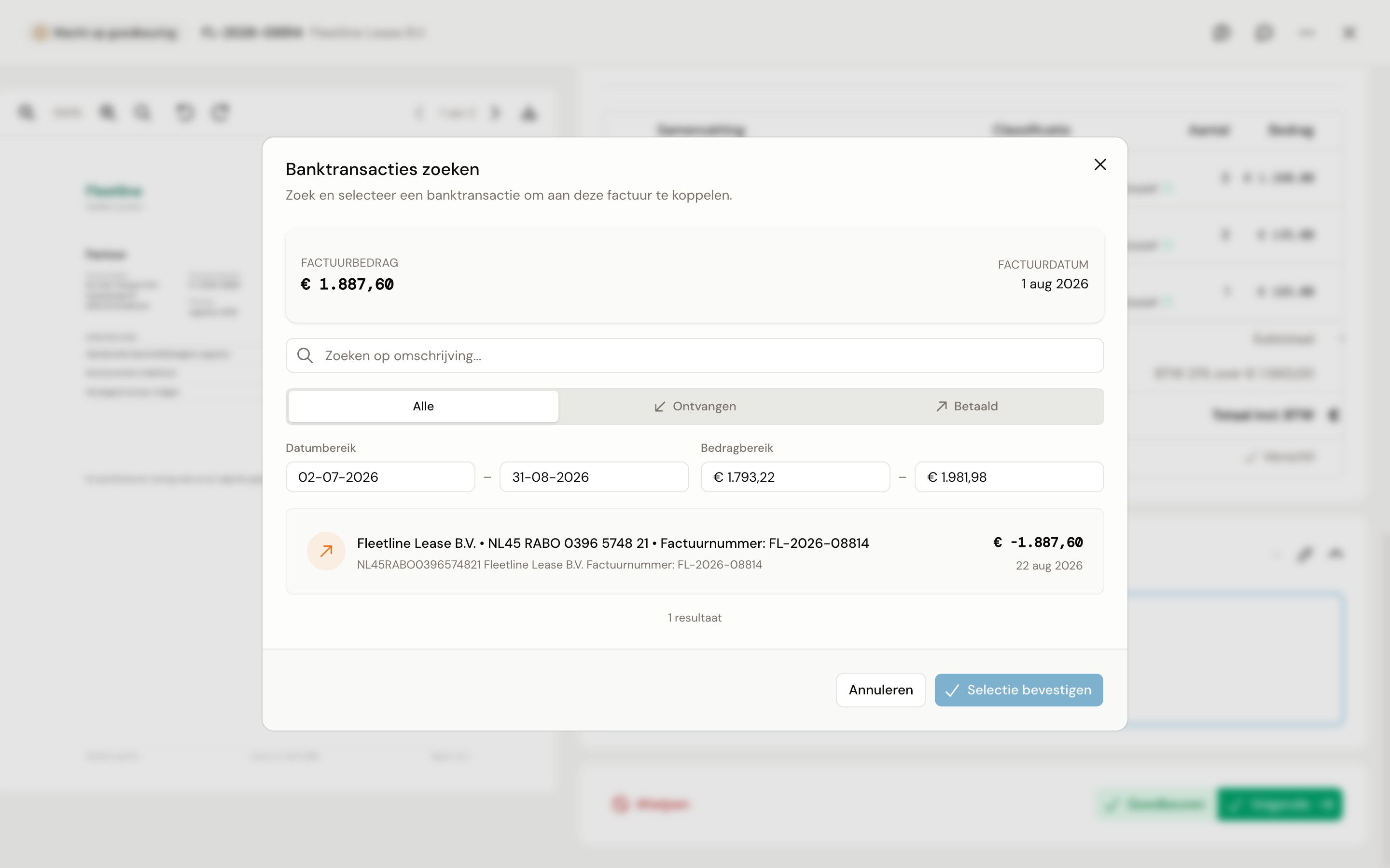 De dialoog Banktransacties zoeken met het factuurbedrag, de filters en de gevonden betaling van Fleetline Lease
