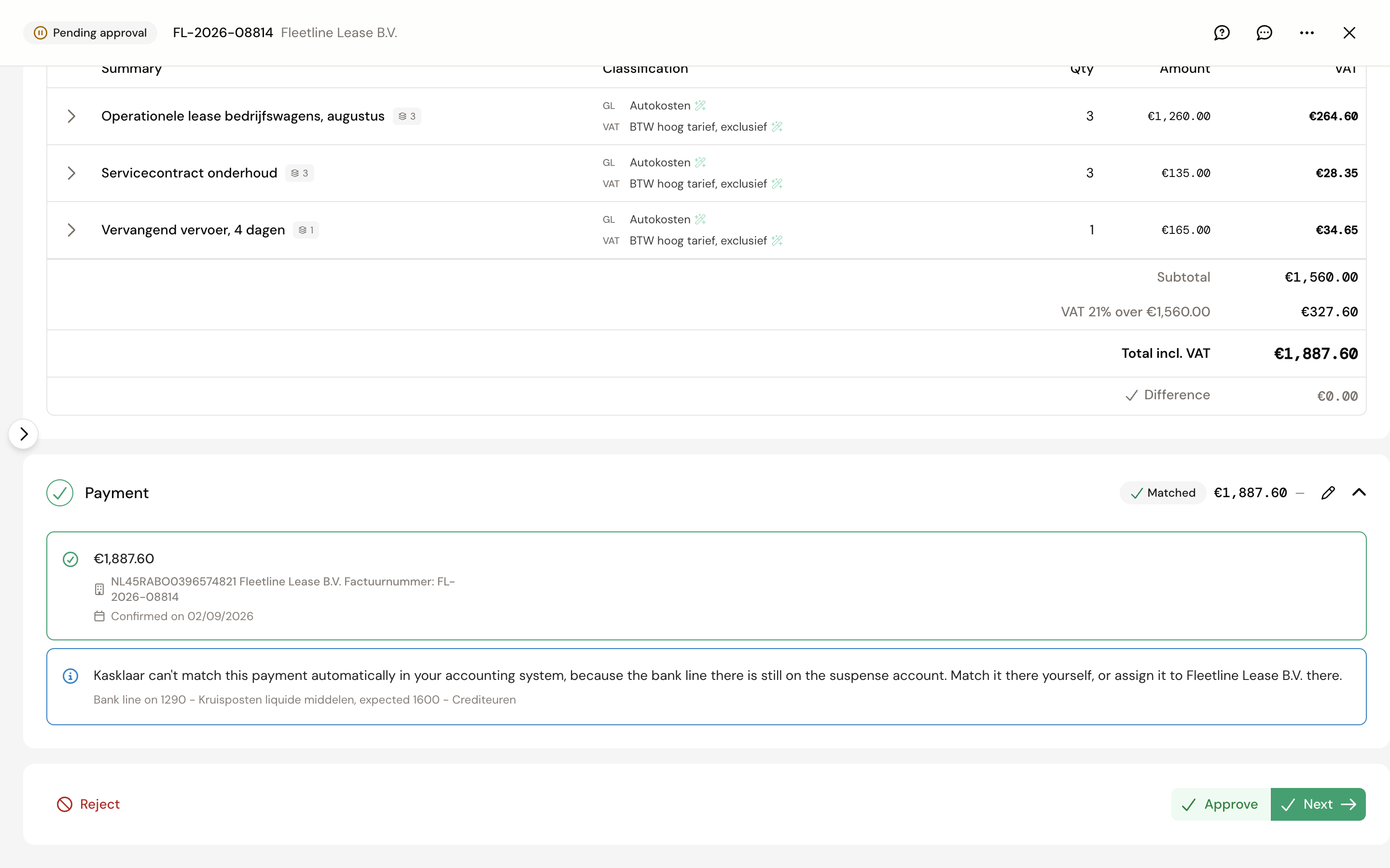 The Payment section with the Matched badge, the linked bank transaction from Fleetline Lease and below it the notice that the bank line in Exact is still on the suspense account