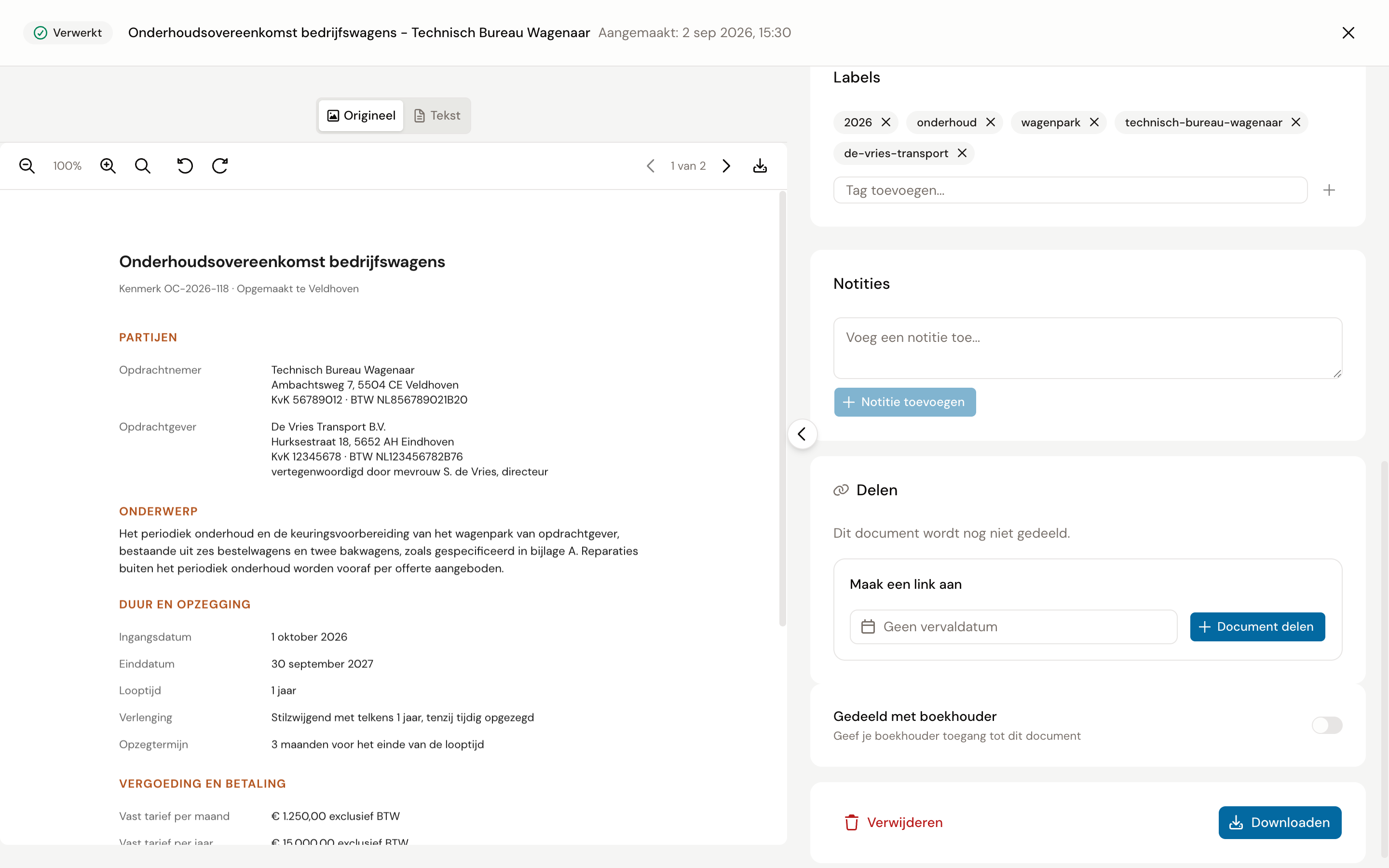 Het onderste deel van het documentscherm met Labels, Notities, Delen en de knoppen Verwijderen en Downloaden