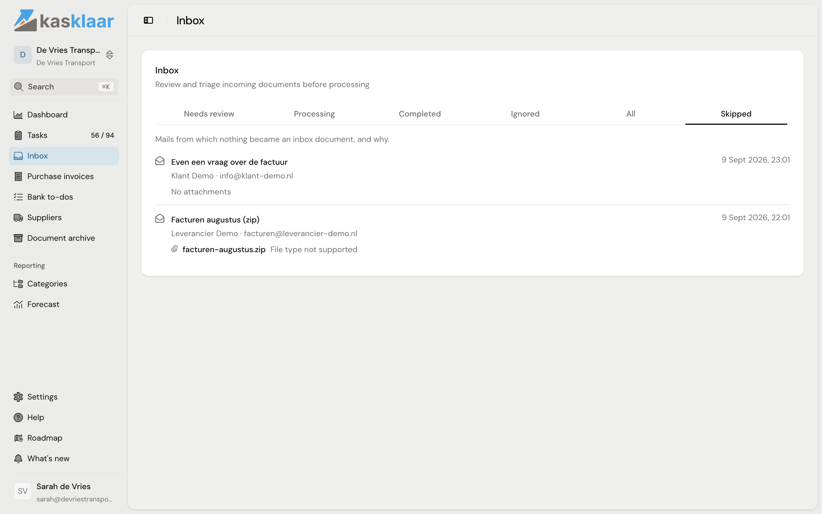The Inbox on the Skipped tab with two emails: one without an attachment and one with a zip file, each with the reason