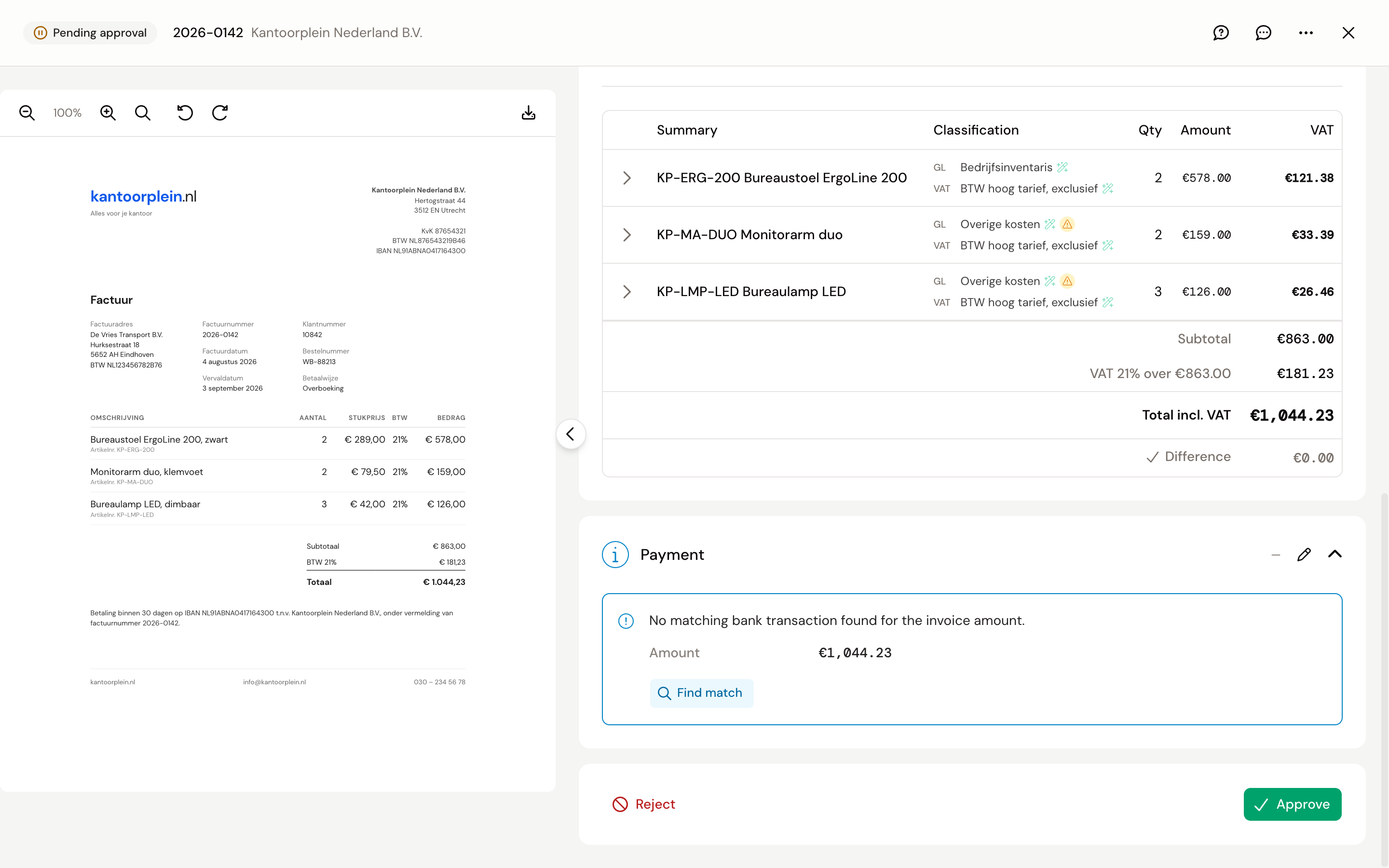 The Payment section with the notice No matching bank transaction found for the invoice amount and the Find match button