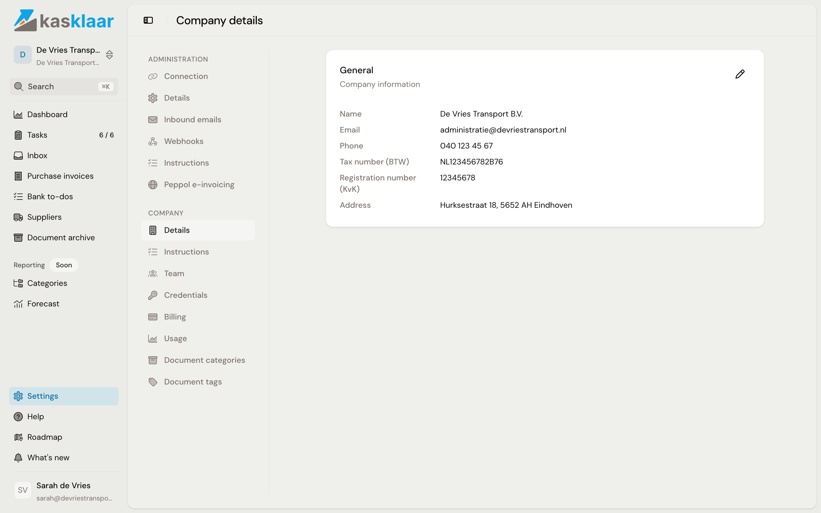 The Company details page with the General block: name, email, phone, VAT number, registration number and address